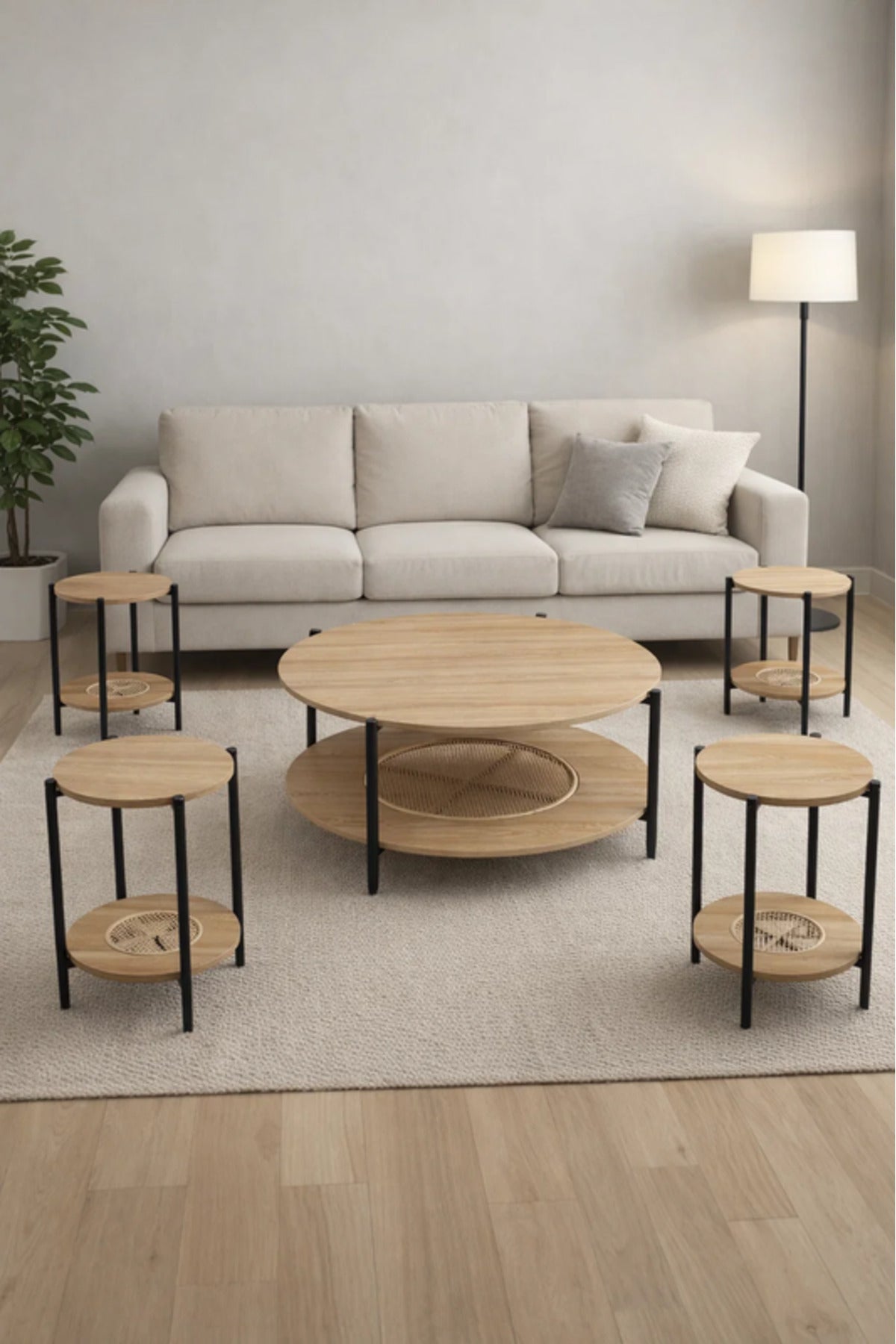 Modern 5-Piece WOOD Concrete and Metal Coffee Table Set