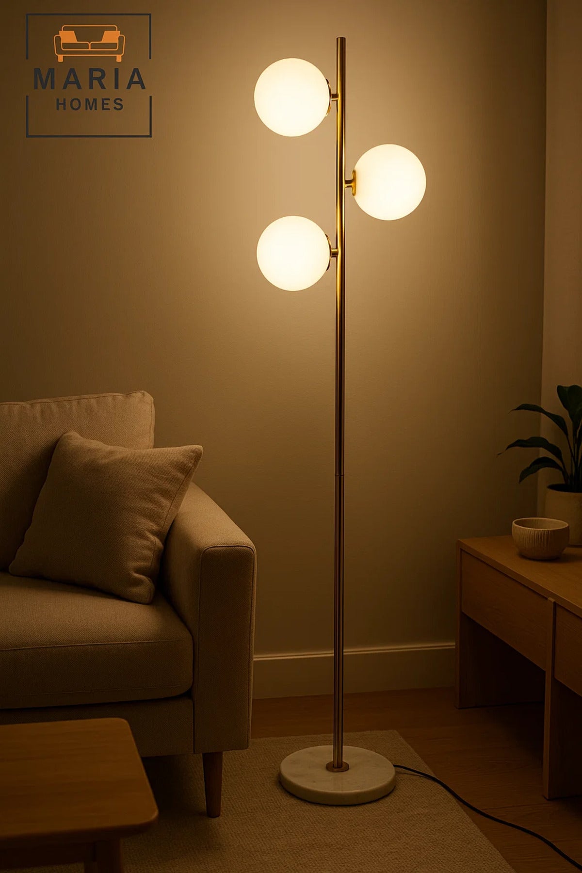 Gold Floor Lamp with Three Globe Lights and Marble Base