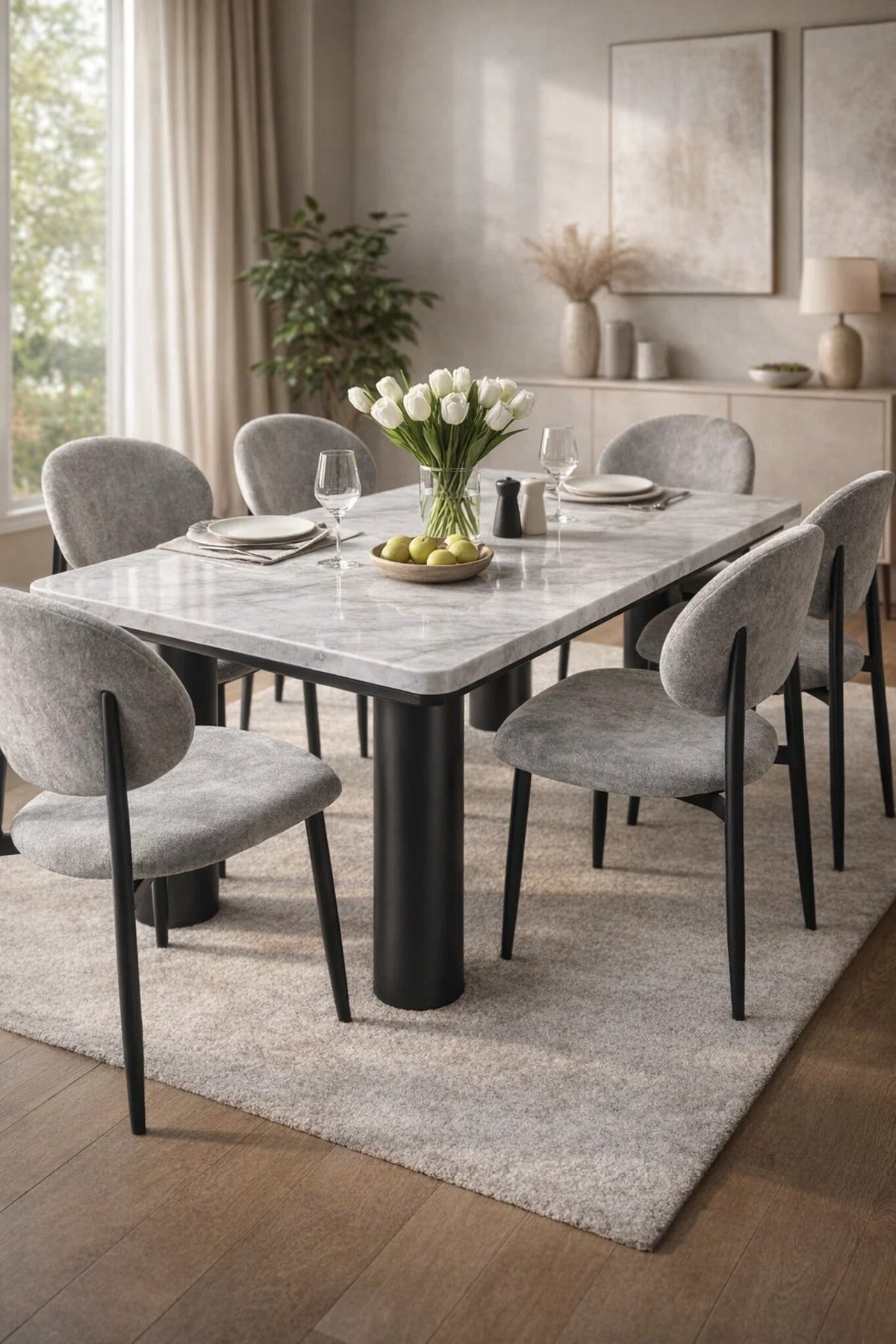 Modern Marble Top Dining Table Set with 6 Upholstered Chairs 180x100x75cm modern marble