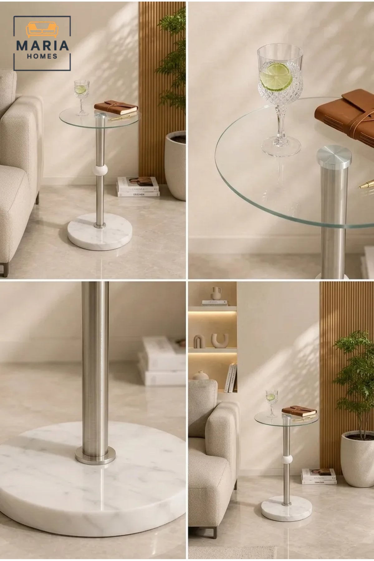 Modern Glass Side Table with White Marble Base and Brushed Nickel Accent