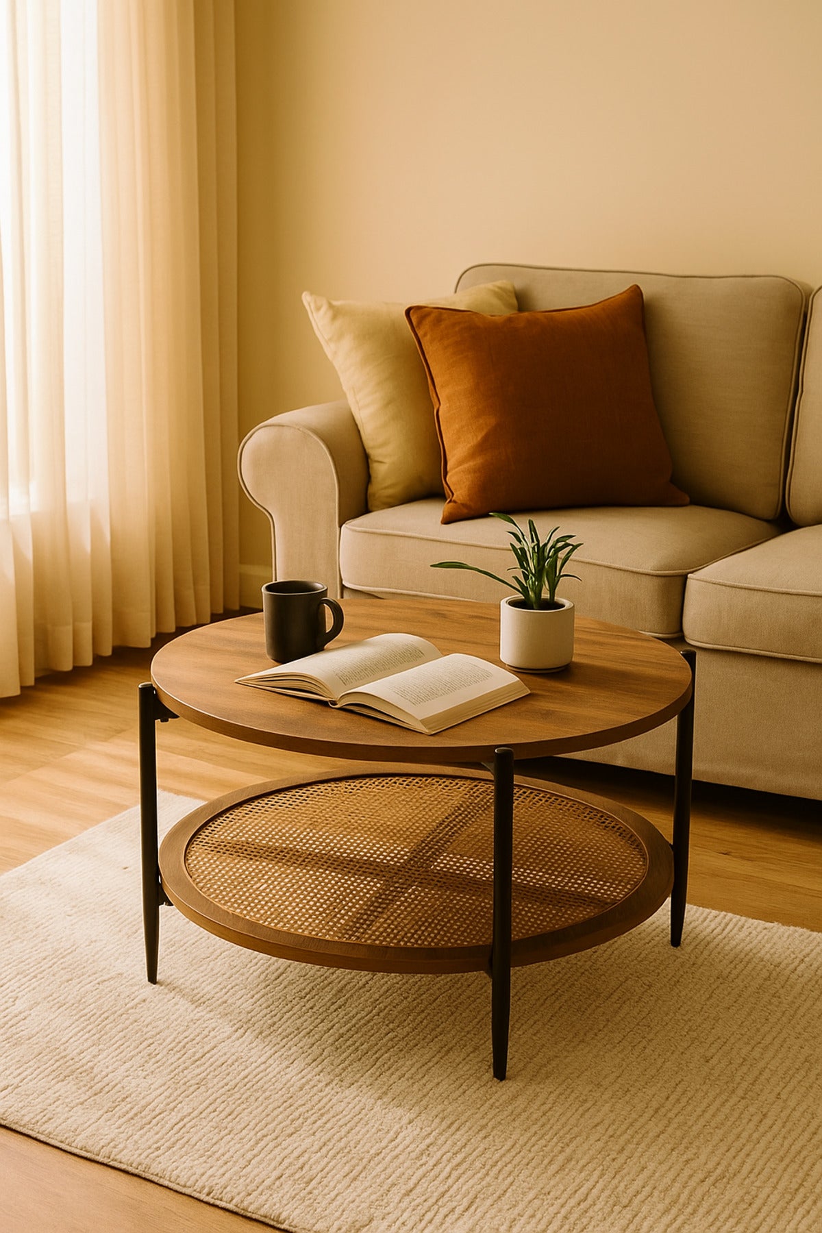 Round Brown Coffee Table with Rattan Shelf Ð Modern Wooden Center Table for Living Room 80_45 cm