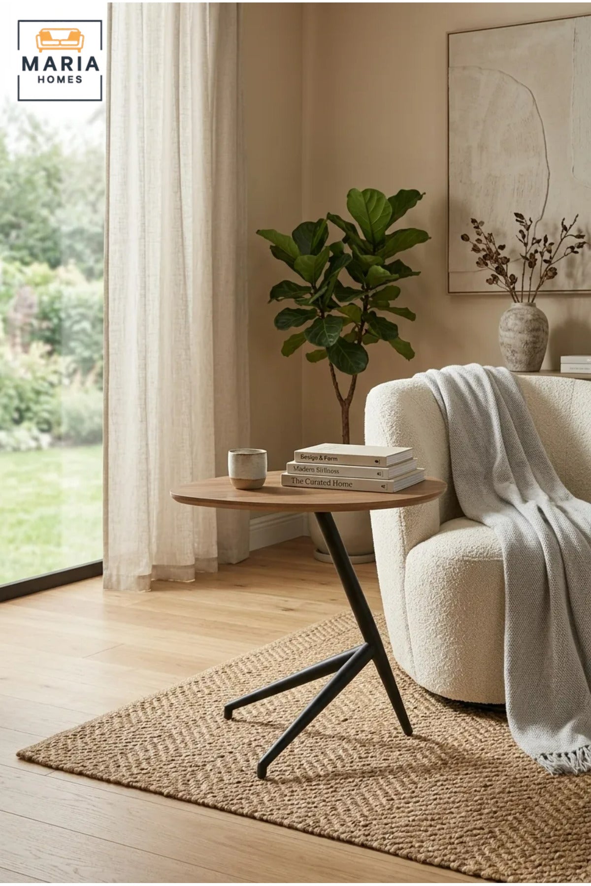 Modern Accent Side Table with Wood-Grain Top & Geometric Base, Contemporary End Table for Living Room, Bedroom & Lounge