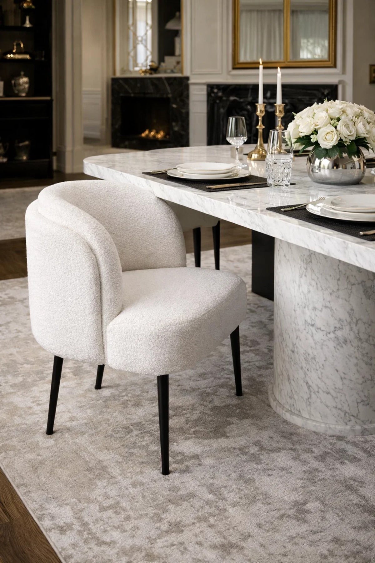 Luxury White Boucle Dining Chair Soft Upholstered Armchair Black Legs for Modern Home Interiors