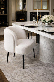 Luxury White Boucle Dining Chair Soft Upholstered Armchair Black Legs for Modern Home Interiors