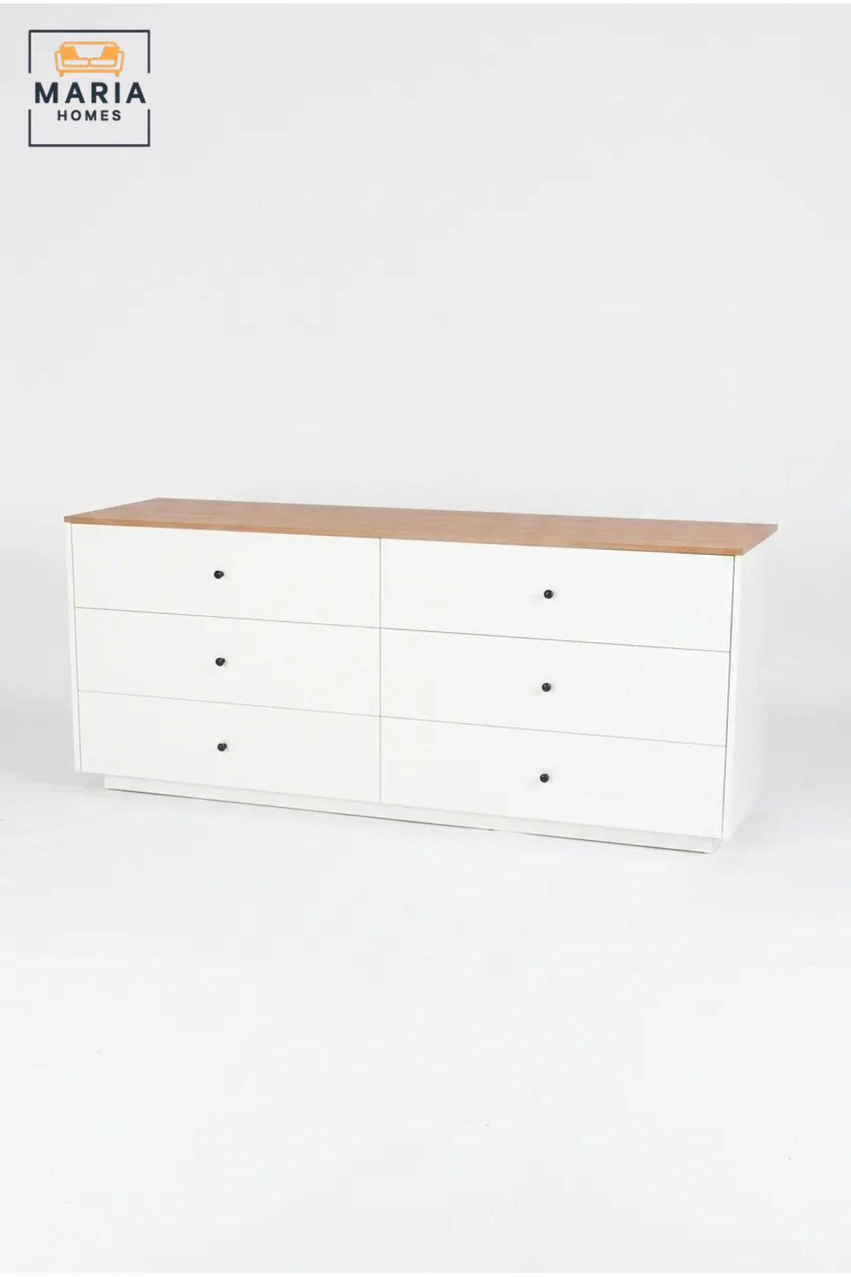 Modern 6 Drawer Dresser 160 x 48 x 78 cm | White Storage Cabinet with Brown Wooden Top | Bedroom Chest of Drawers | Contemporary Organizer for Bedroom, Living Room & Hallway