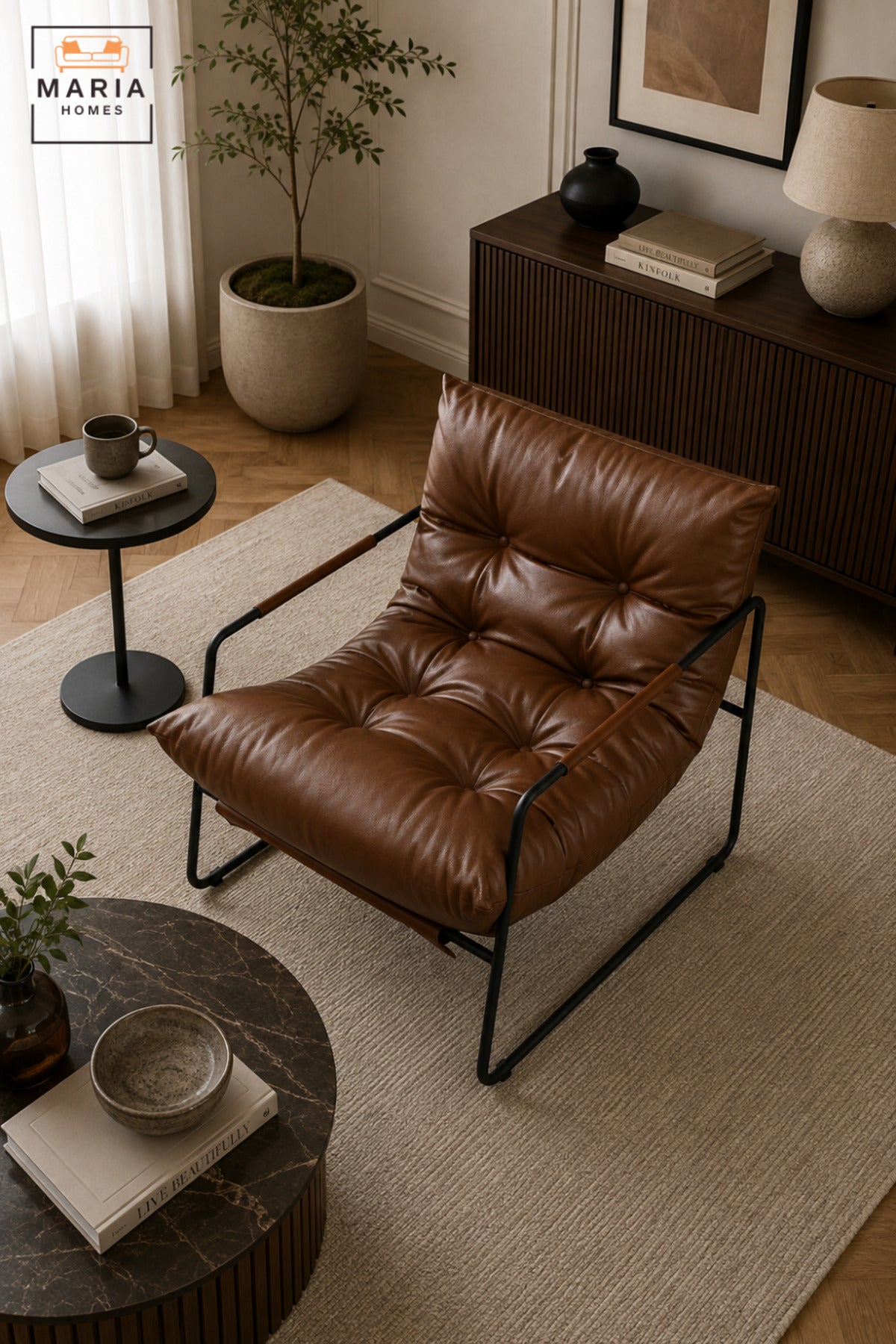 Modern Upholstered Lounge Chair with Deep Tufted Cushion & Slim Armrests | Contemporary Relaxing Accent Chair for Living Room, Bedroom & Lounge
