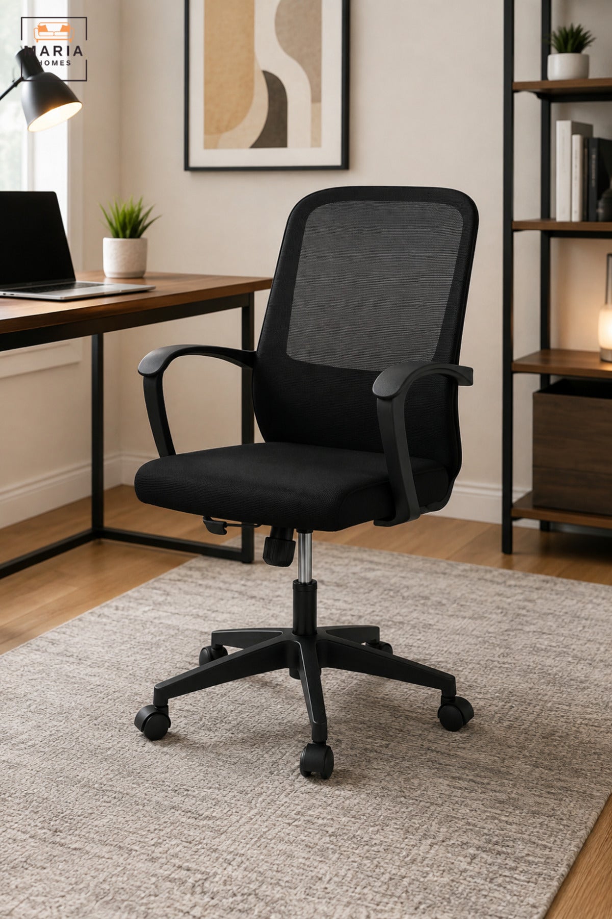 Modern Black Mesh Office Chair with High Backrest, Padded Seat, Armrests, Adjustable Height & Rolling Wheels for Home Office Study Workspace