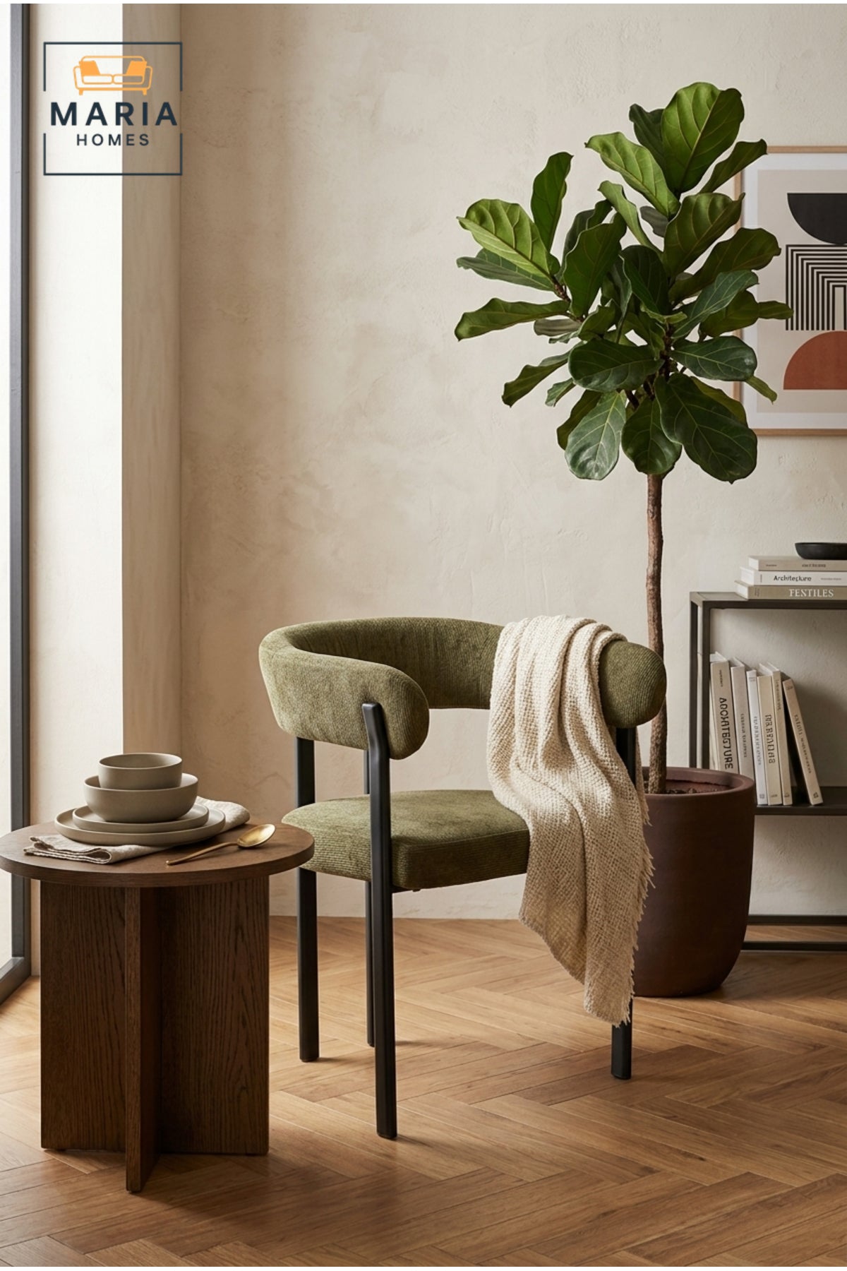 Olive Green Upholstered Accent Chair with Curved Backrest Ð Modern Dining Chair for Living Room, CafŽ & Restaurant