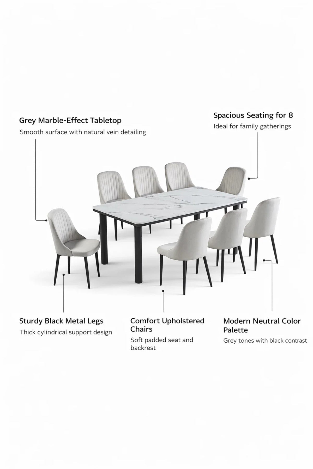 Modern 9-Piece Dining Set Faux Marble Table 180cm with 8 Light Grey Velvet Upholstered Chairs