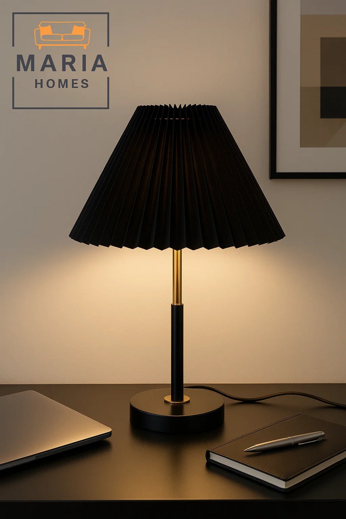 Black Table Lamp with Pleated Shade