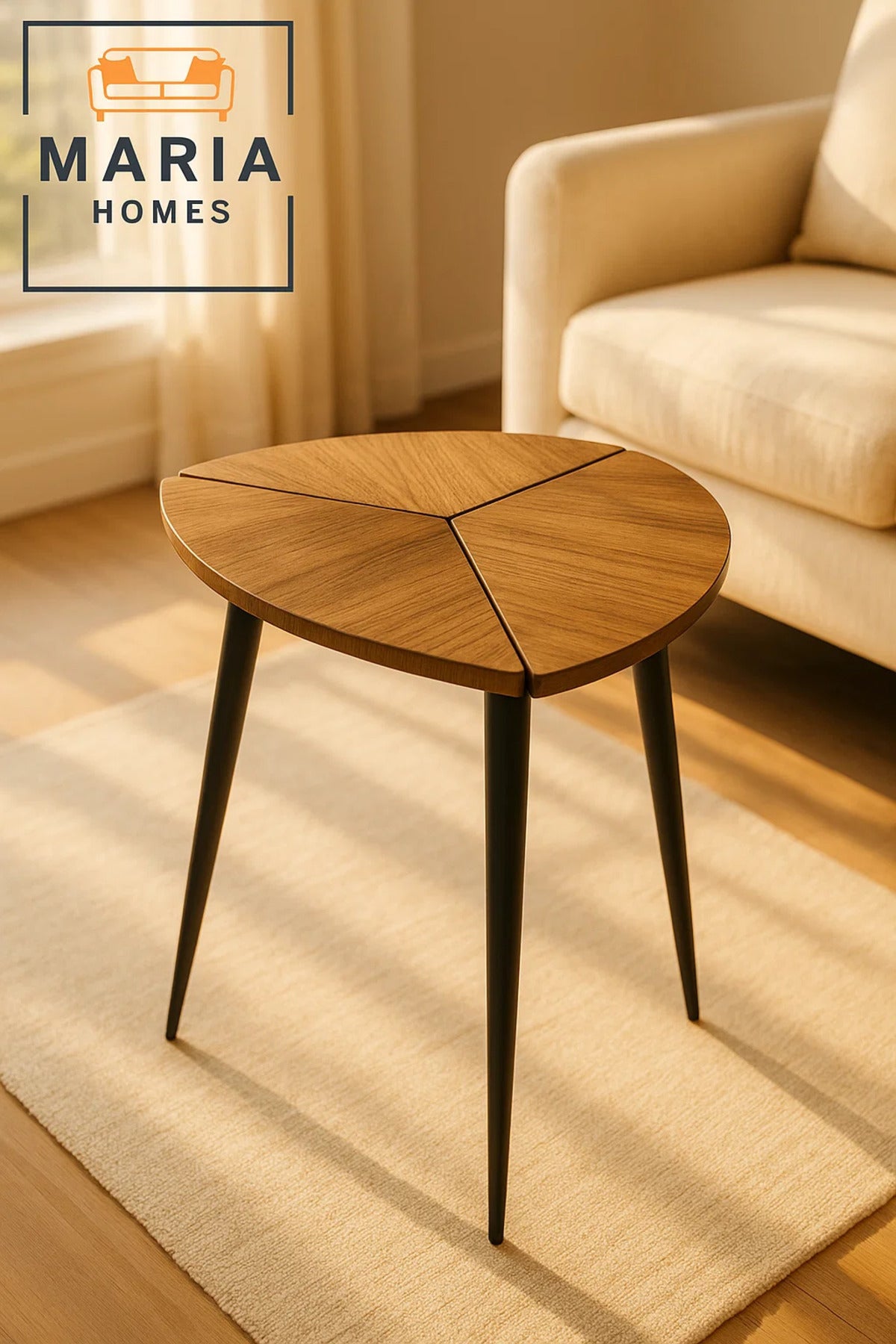 Triangular Side Table with Wood Grain Top and Black Legs