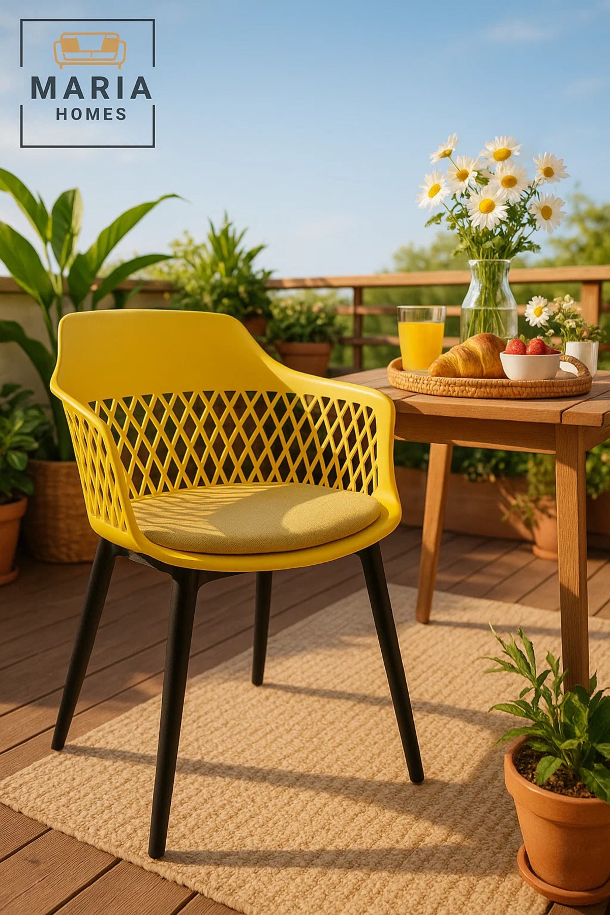 Yellow Plastic Armchair Modern Back Chair with Cushion Seat and Black Legs for Indoor & Outdoor Use
