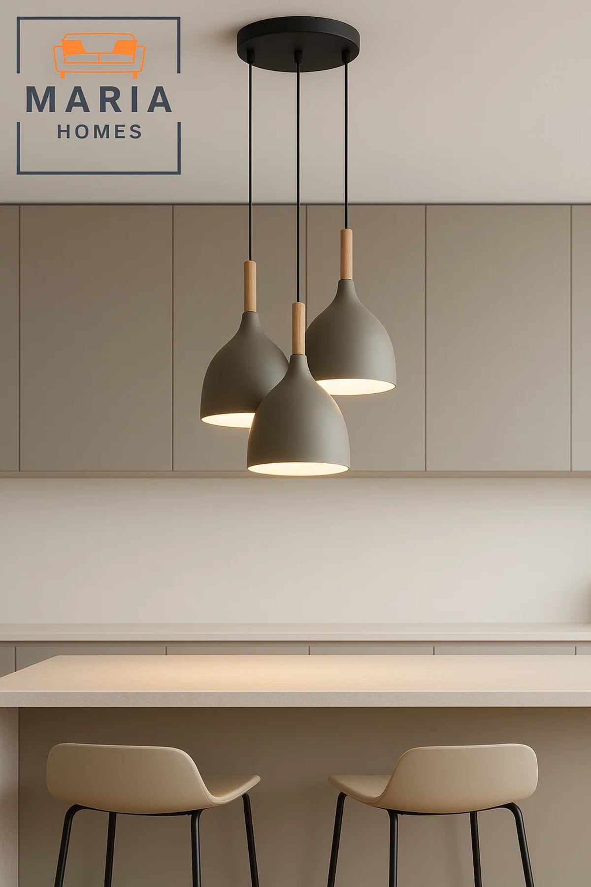 Triple Pendant Light with Wood and Matte Grey Finish