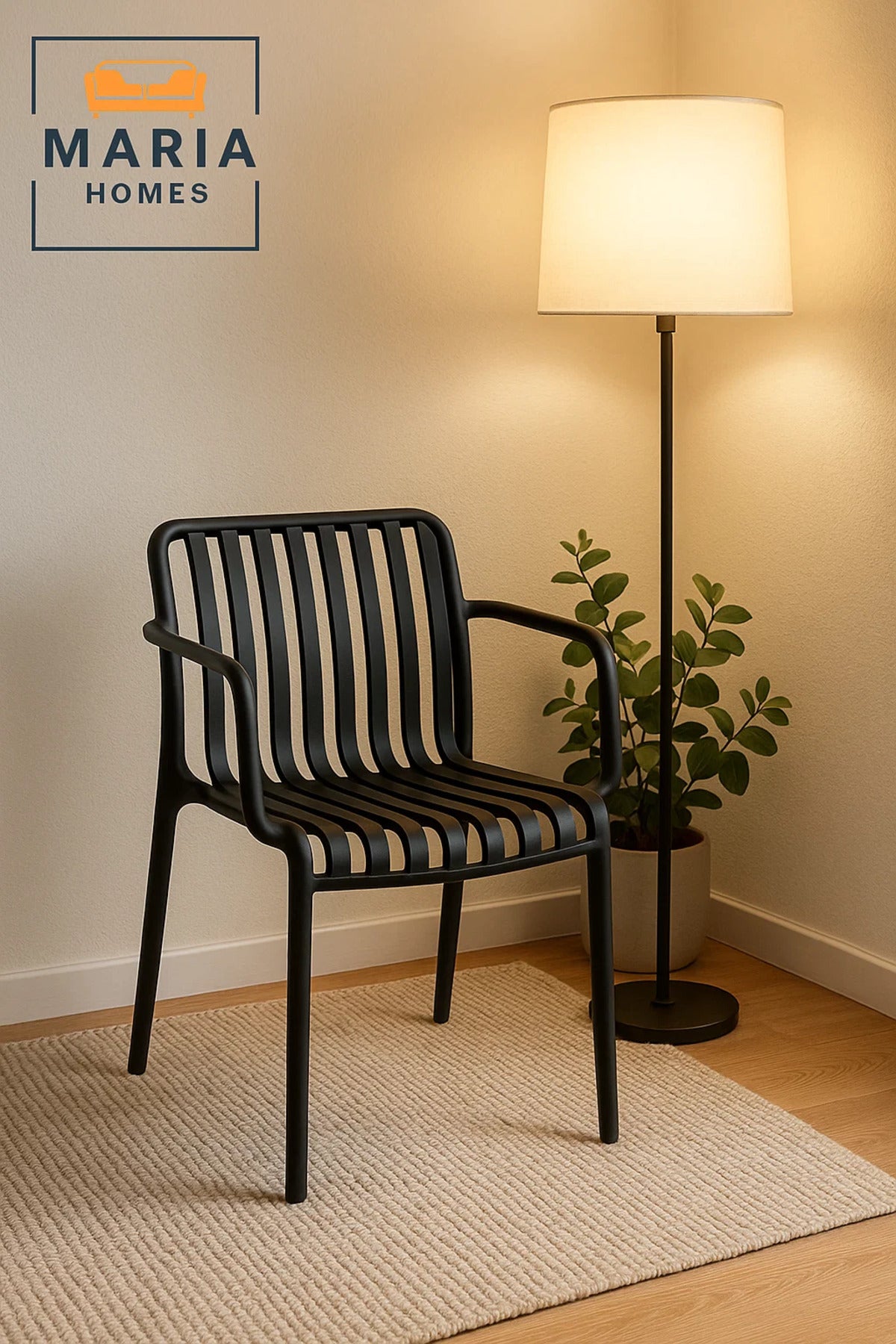 Black Plastic Outdoor Armchair with Slatted Design