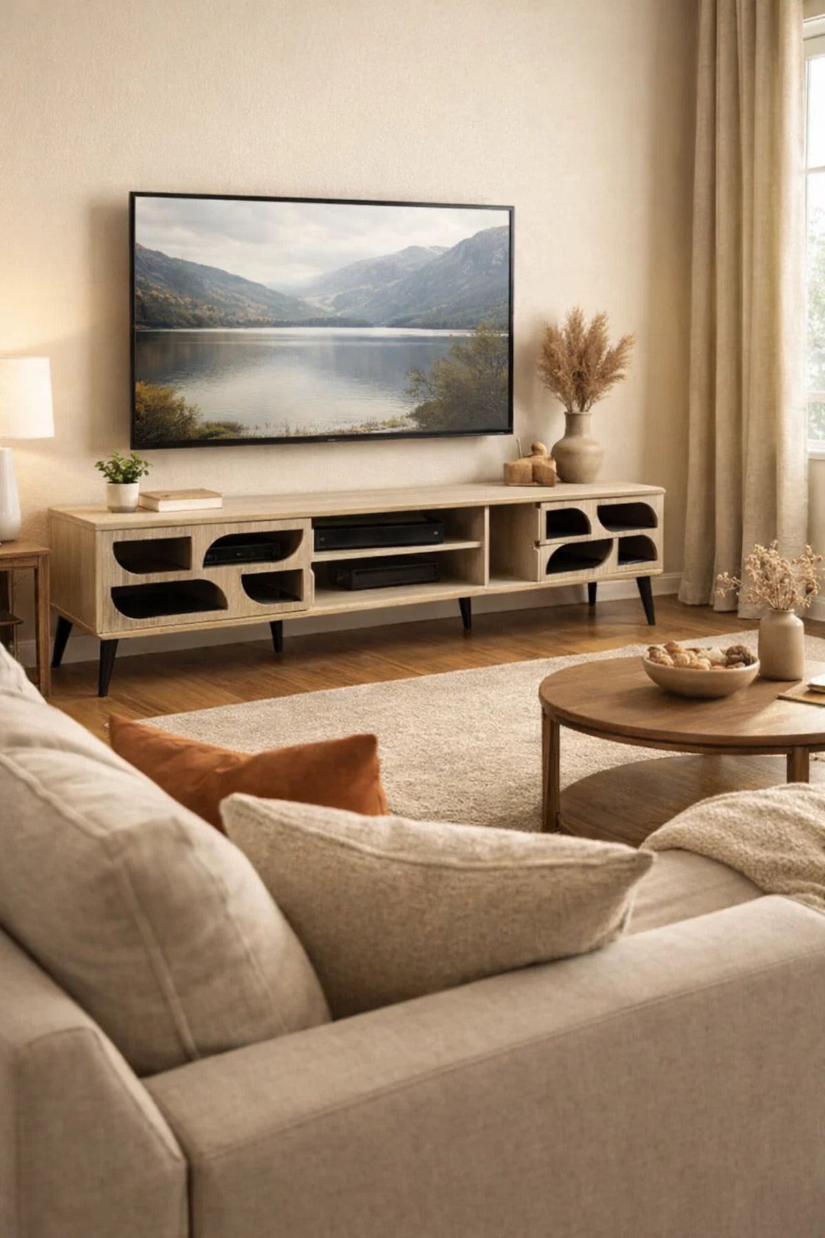 Beige TV Table 200_40_45 cm √ê Modern TV Stand with Decorative Doors