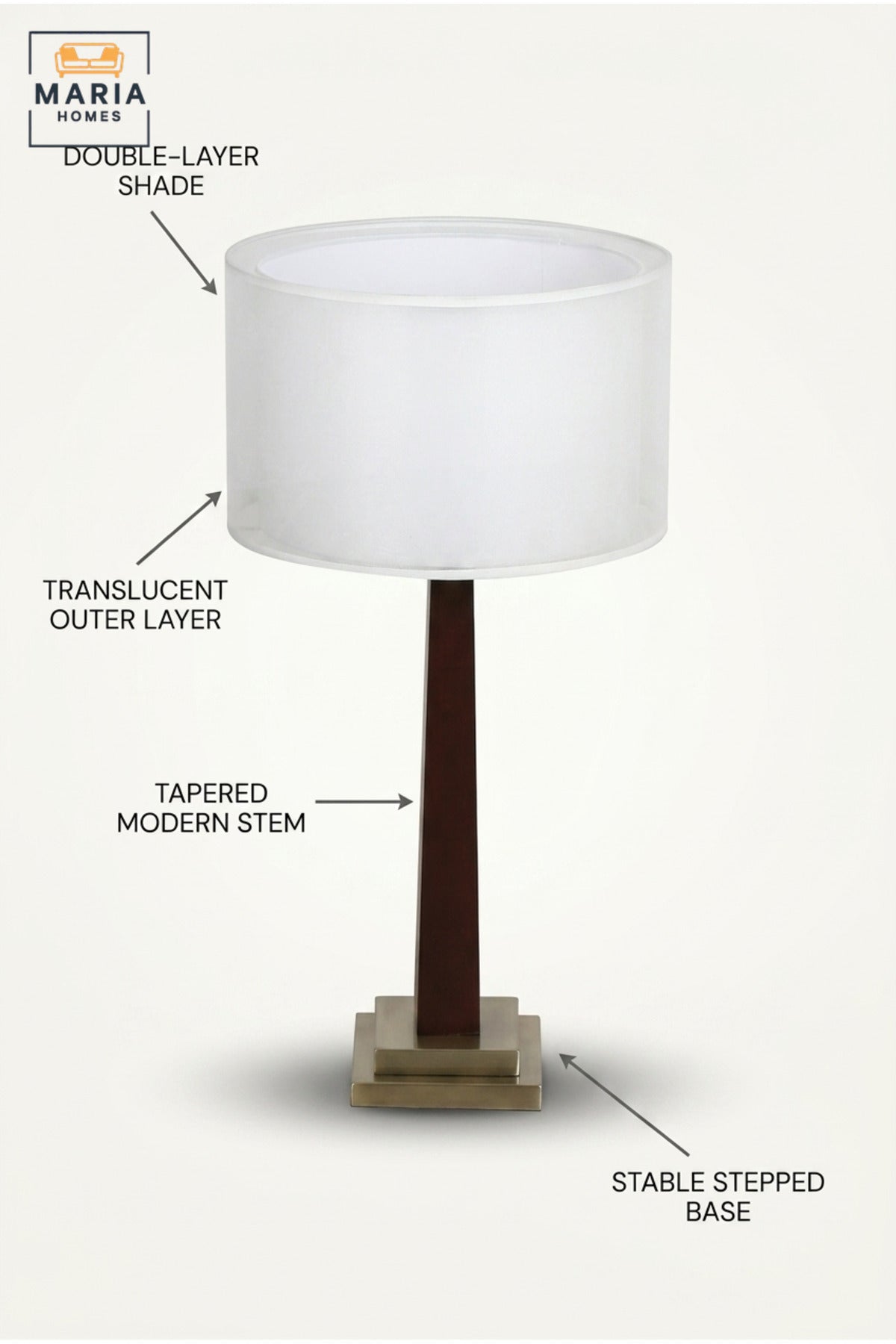 Modern Wooden Table Lamp with White Double Layer Drum Shade, Slim Tapered Base and Gold Tone Accents for Bedroom, Living Room, Office and Hotel