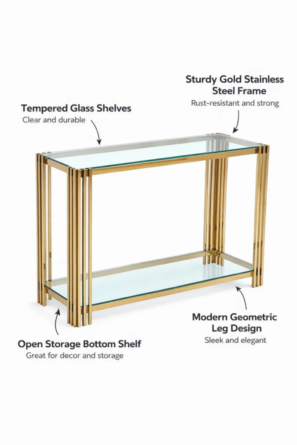 Modern Glass Console Table with Gold Metal Frame