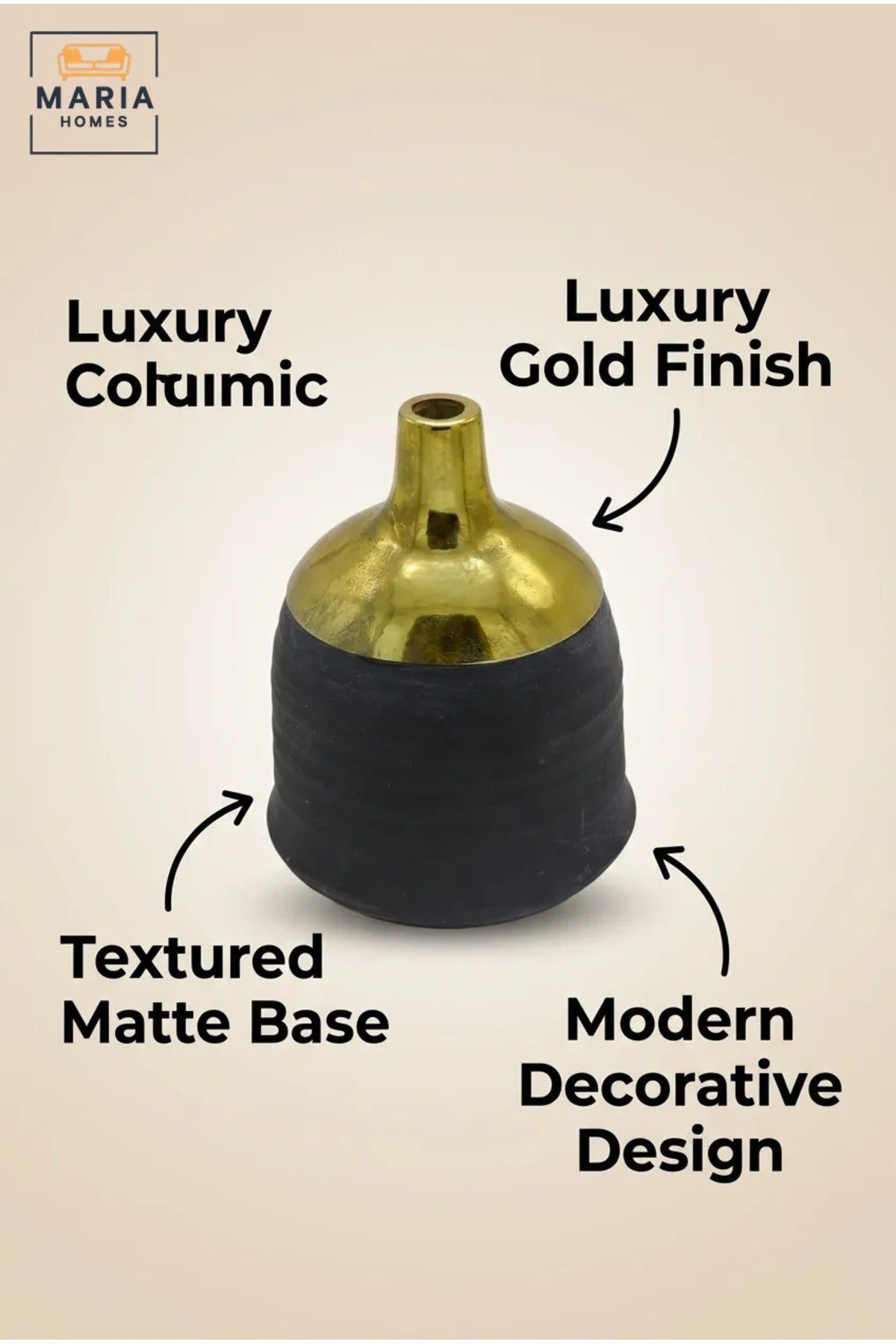 Modern Decorative Flower Vase with Gold-Tone Neck, Textured Body and Rounded Shape for Living Room, Bedroom, Office, Shelf and Console Table Décor