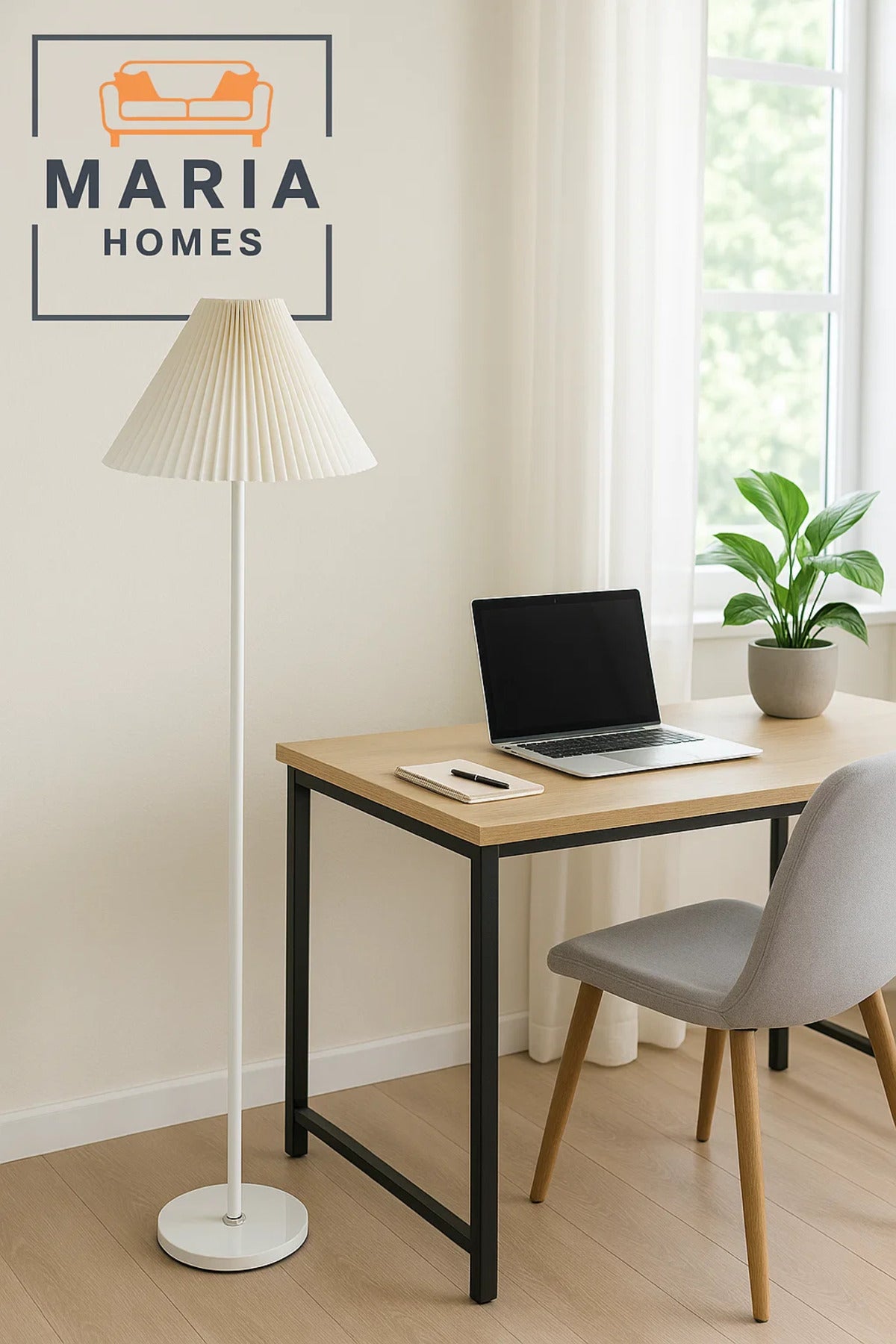 Slim White Floor Lamp with Pleated Cone Shade