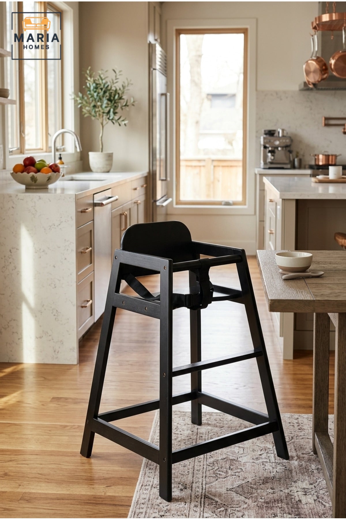 Wooden Baby High Chair | Modern Black Feeding Chair with Safety Harness | Sturdy Kids Dining Chair for Toddlers | Contemporary Wooden High Chair
