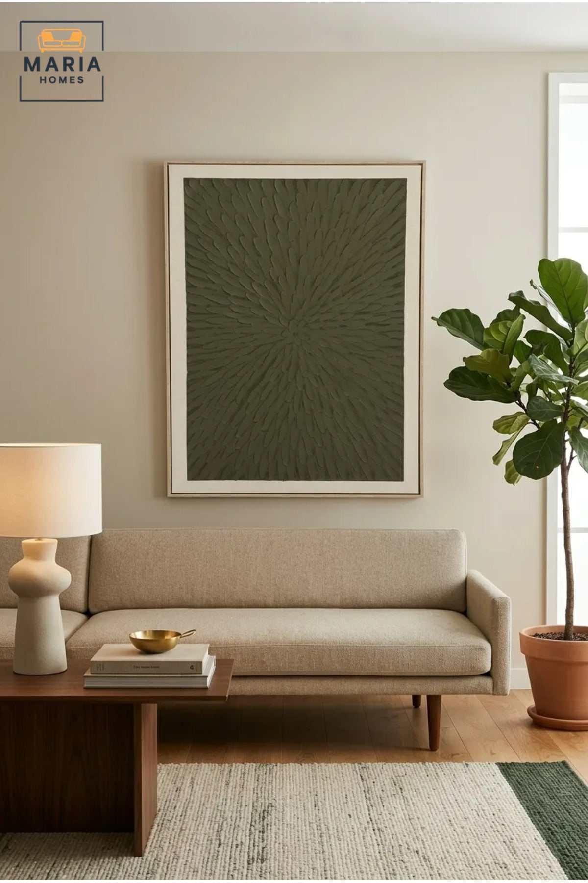 Modern Abstract Textured Wall Art with Natural Frame, Olive Green Botanical Relief Design for Living Room, Bedroom, Hallway and Office Décor