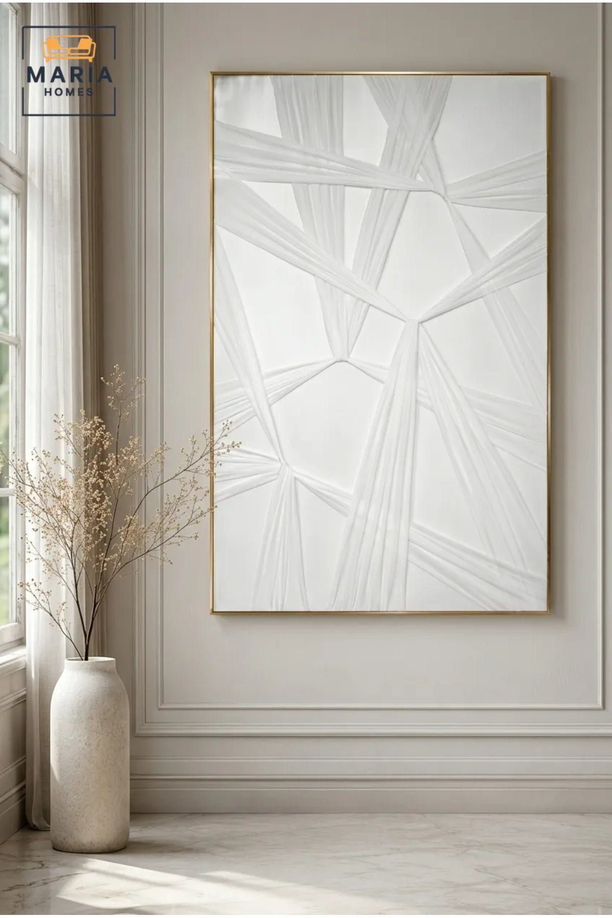 Modern White Geometric Framed Wall Art √ê Minimalist Abstract Textured Painting for Living Room, Bedroom, Hallway & Office D≈Ωcor