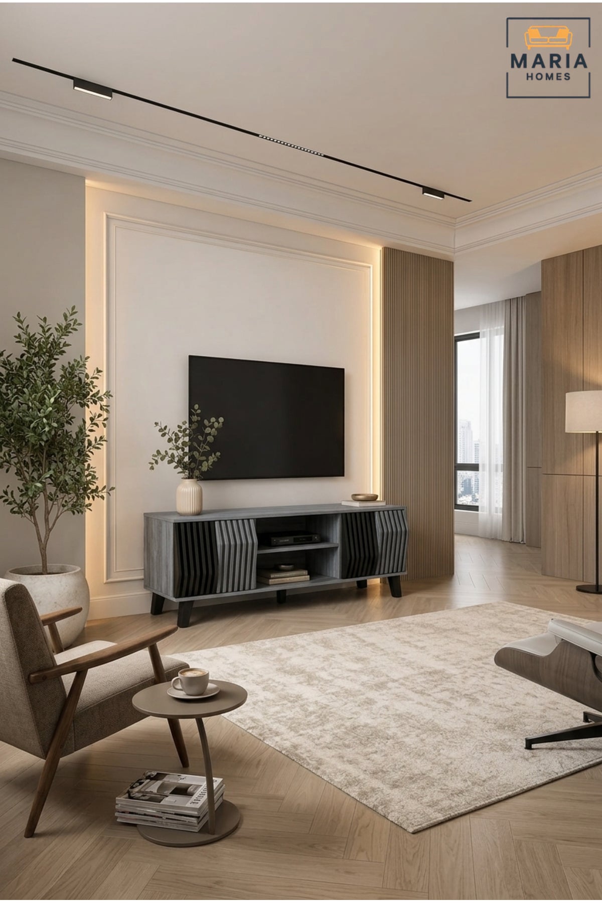 Modern TV Stand Media Console Entertainment Center with Storage Shelves Wooden TV Unit Grey