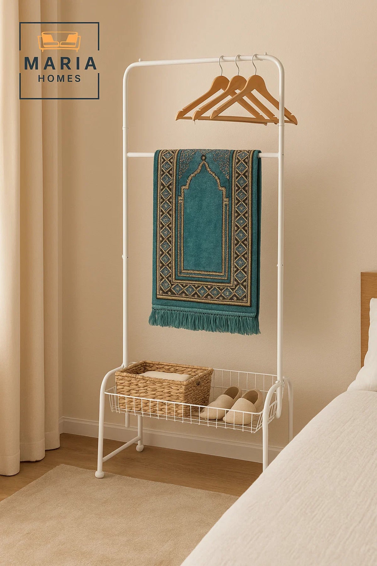 White Steel Garment Rack with Bottom Storage Basket