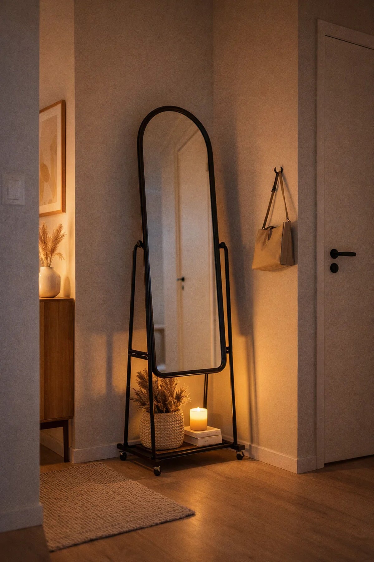 Mobile Floor Standing Mirror Black Arched Full Length Dressing Mirror on Wheels Storage Shelf