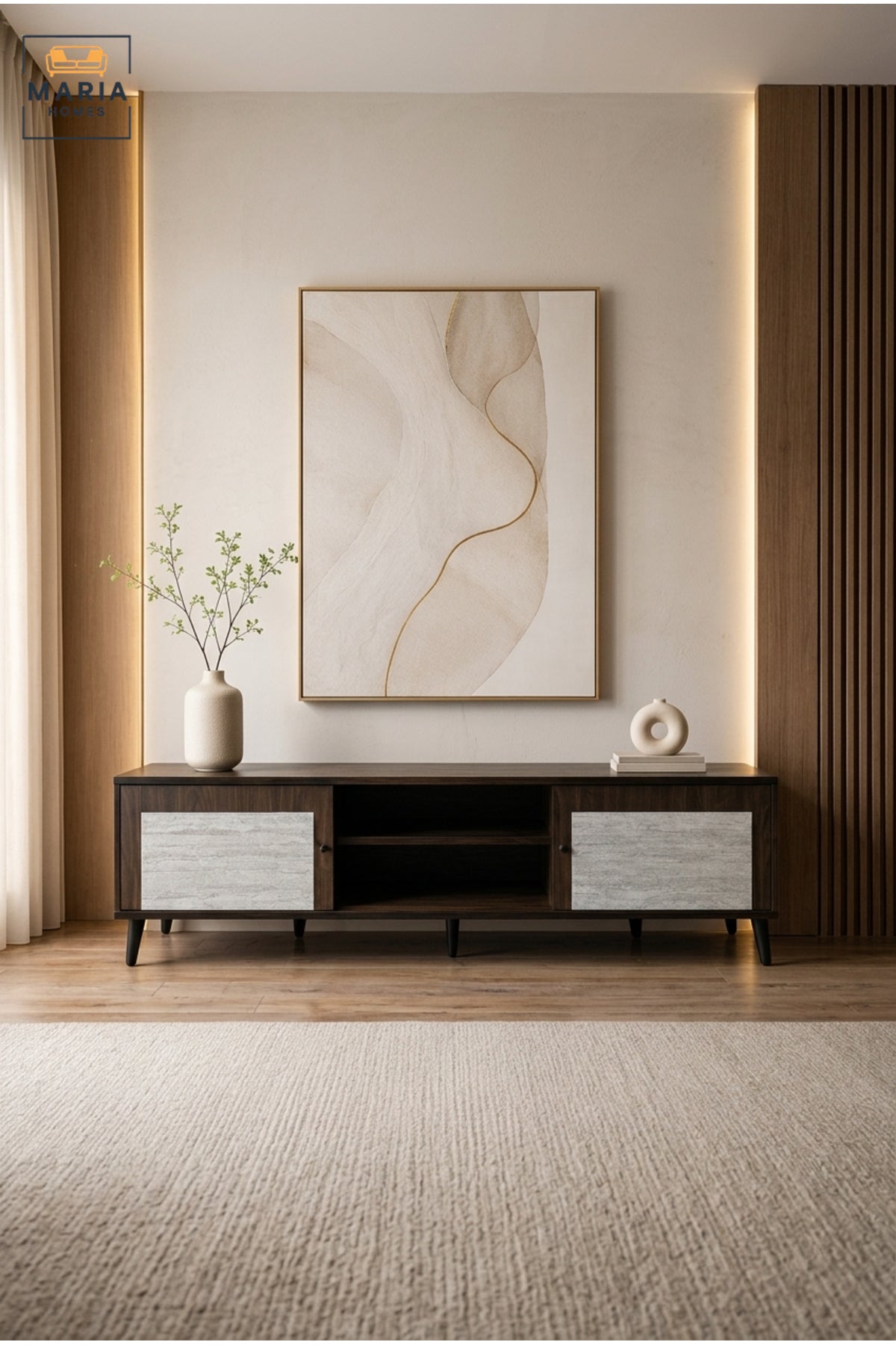 Modern Two-Tone TV Unit with Stone-Effect Doors Ð Wooden Entertainment Console Cabinet