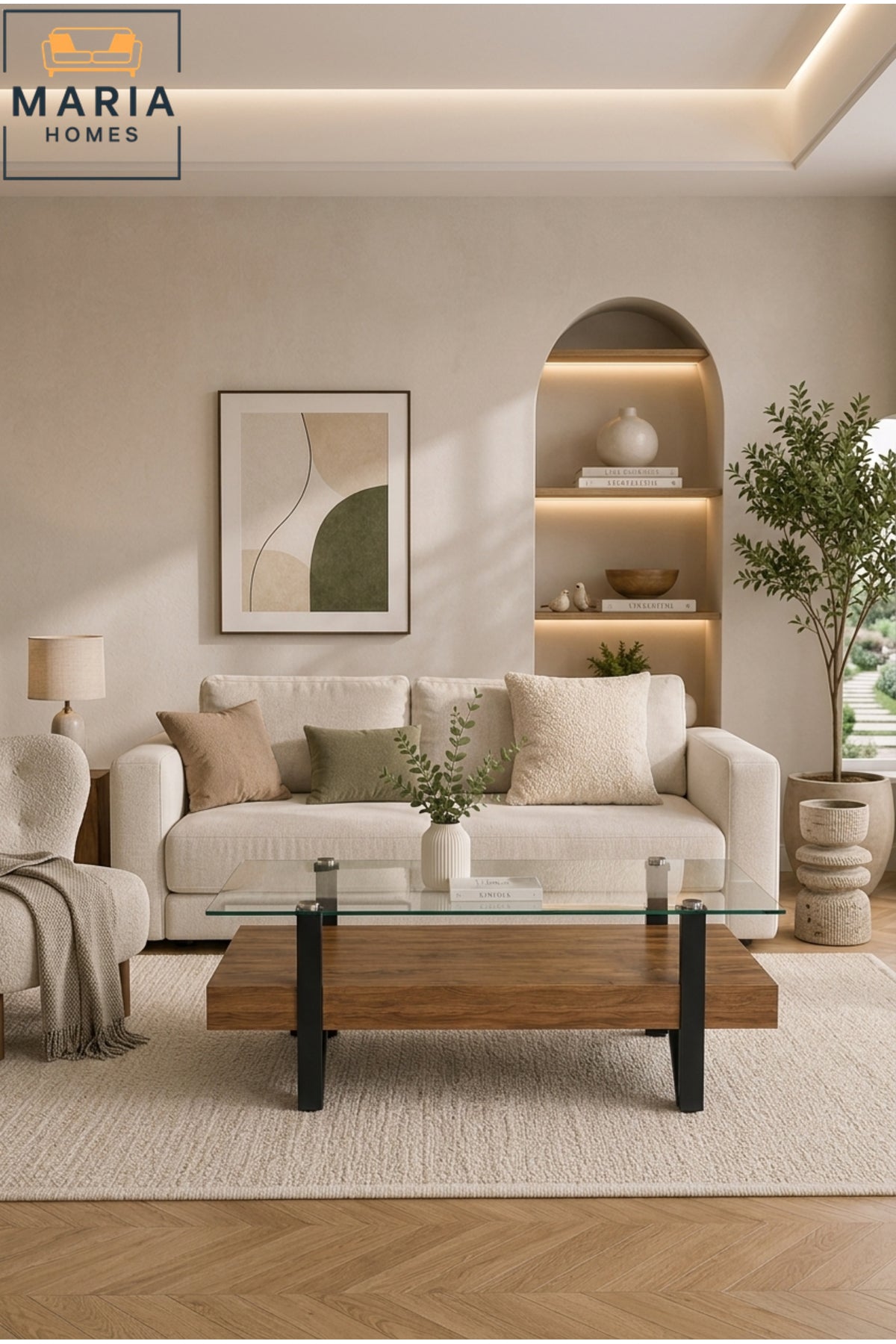 Modern Glass Top Coffee Table with Wooden Shelf √ê Contemporary Living Room Center Table with Black Legs