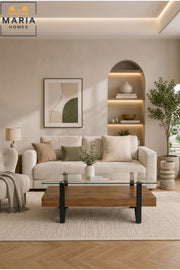 Modern Glass Top Coffee Table with Wooden Shelf √ê Contemporary Living Room Center Table with Black Legs
