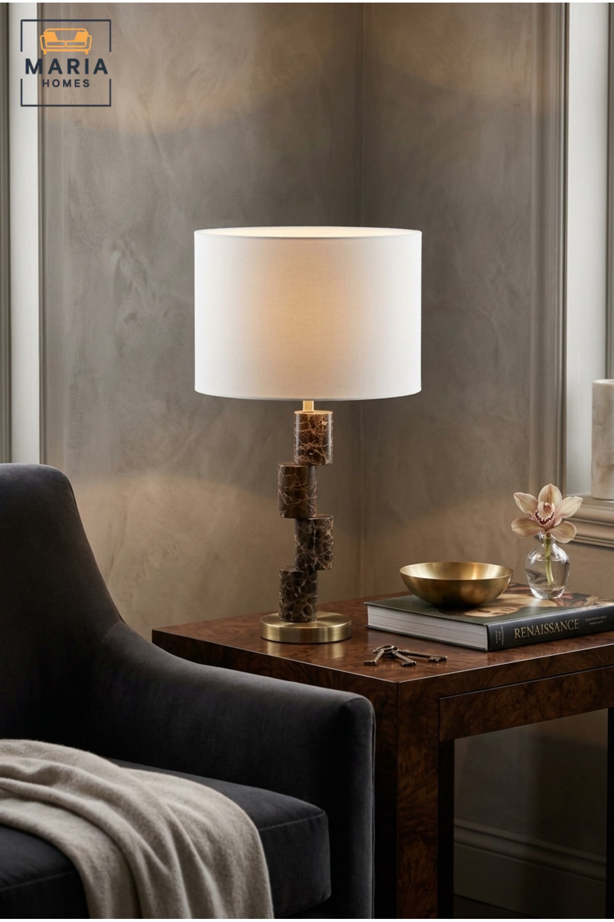 Modern Geometric Table Lamp with Marble Effect Column, White Fabric Shade and Gold Base Decorative Bedside Light for Bedroom Living Room Office