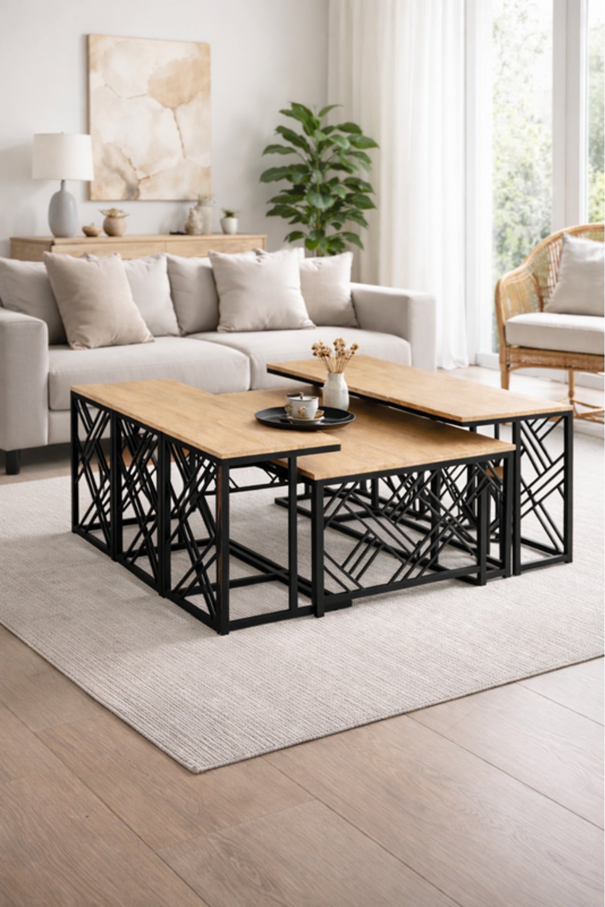 Modern Wood Coffee Table Set with 6 Side Tables 130 _ 70 45 cm modern wood coffee