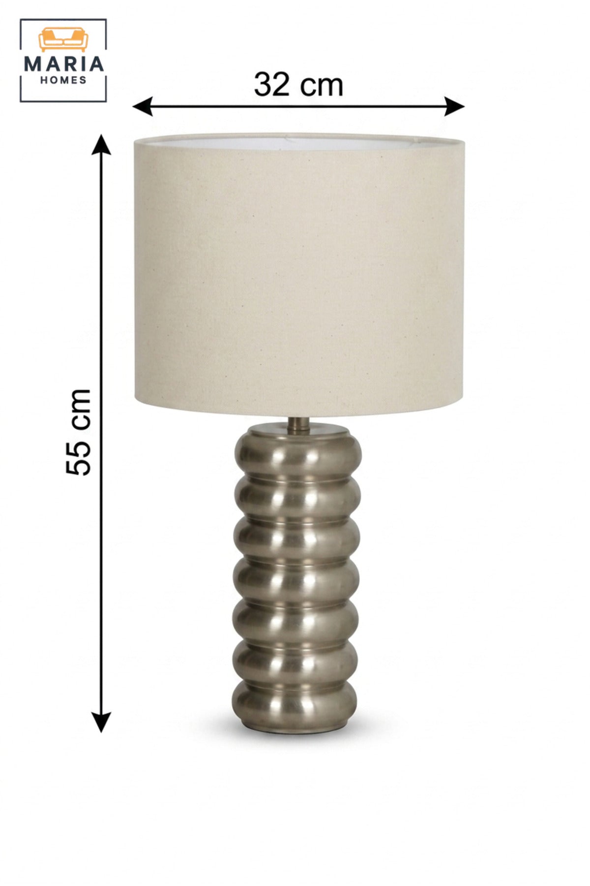 Modern Silver Ribbed Table Lamp with Fabric Drum Shade Sculptural Bedside Light for Bedroom Living Room Office Console Table and Hotel Décor