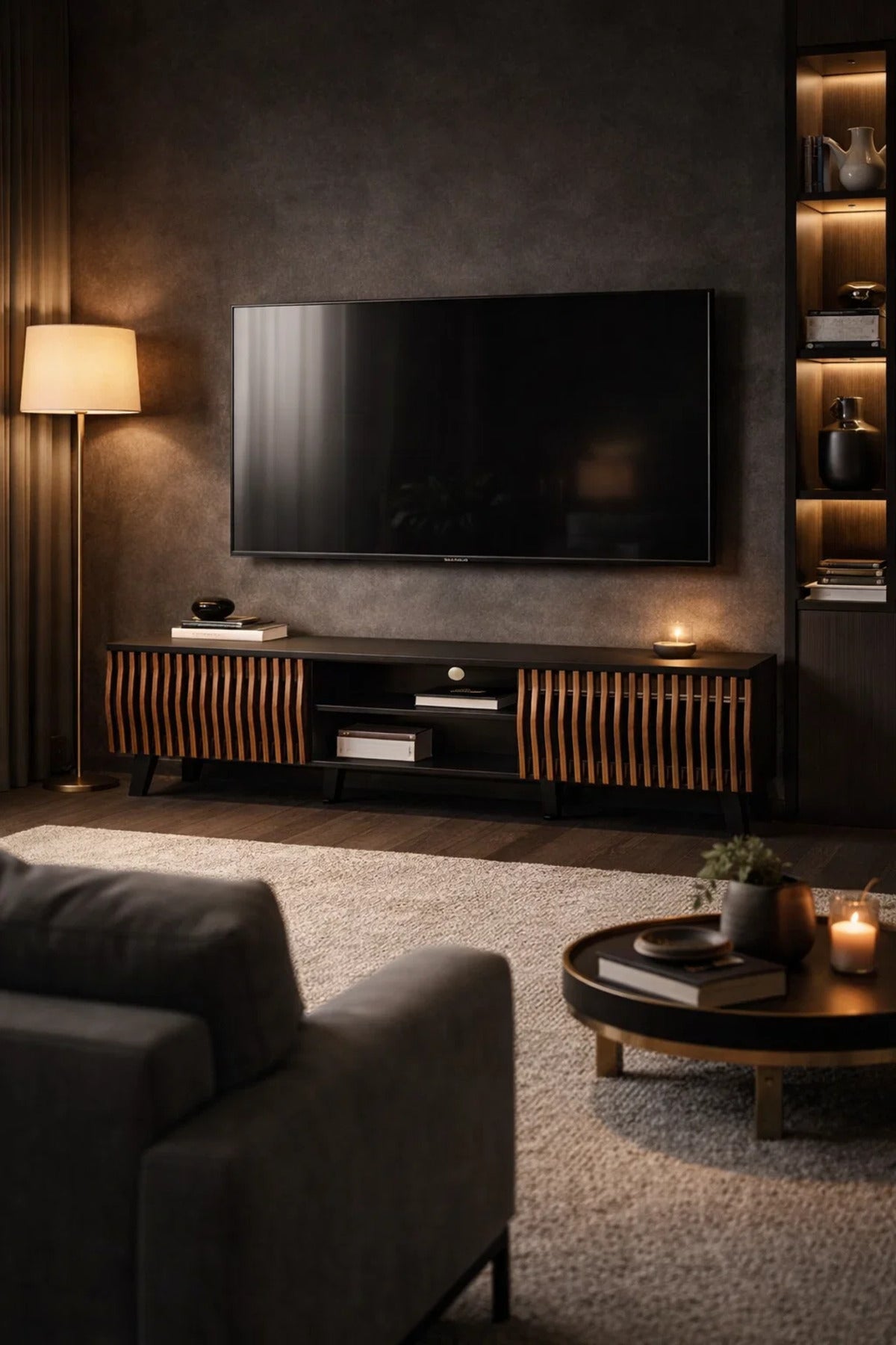 Modern Wooden TV Stand Black and Dark Brown with Slatted Design 160 x 40 x 43 cm
