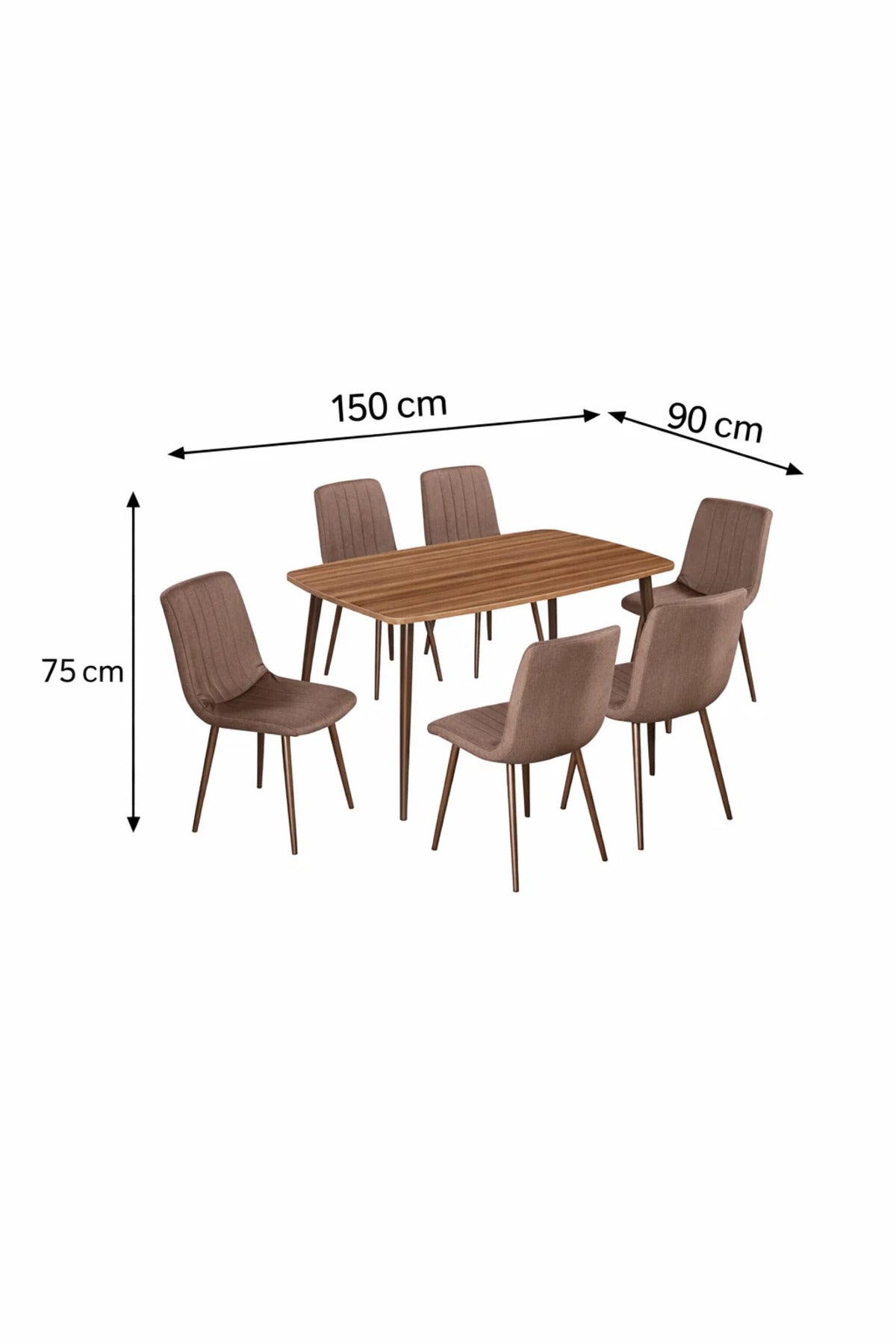 Stylish 6-Person Dining Set with Rectangular Wood Table and Brown Fabric Chairs for Modern Living