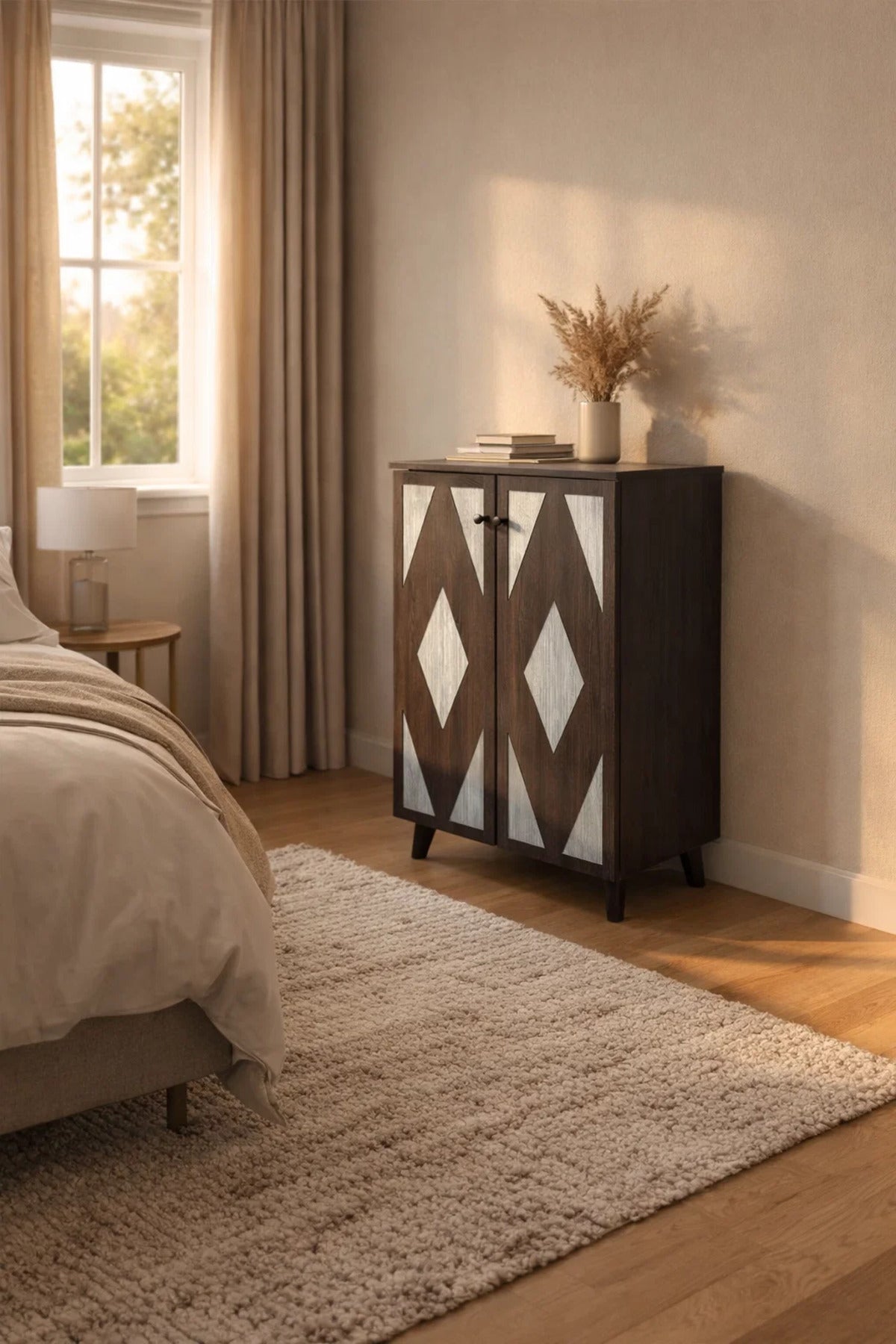 Modern Geometric Pattern Shoe Cabinet Dark Brown Wood Storage Unit for Entryway Home Organizer 91cm