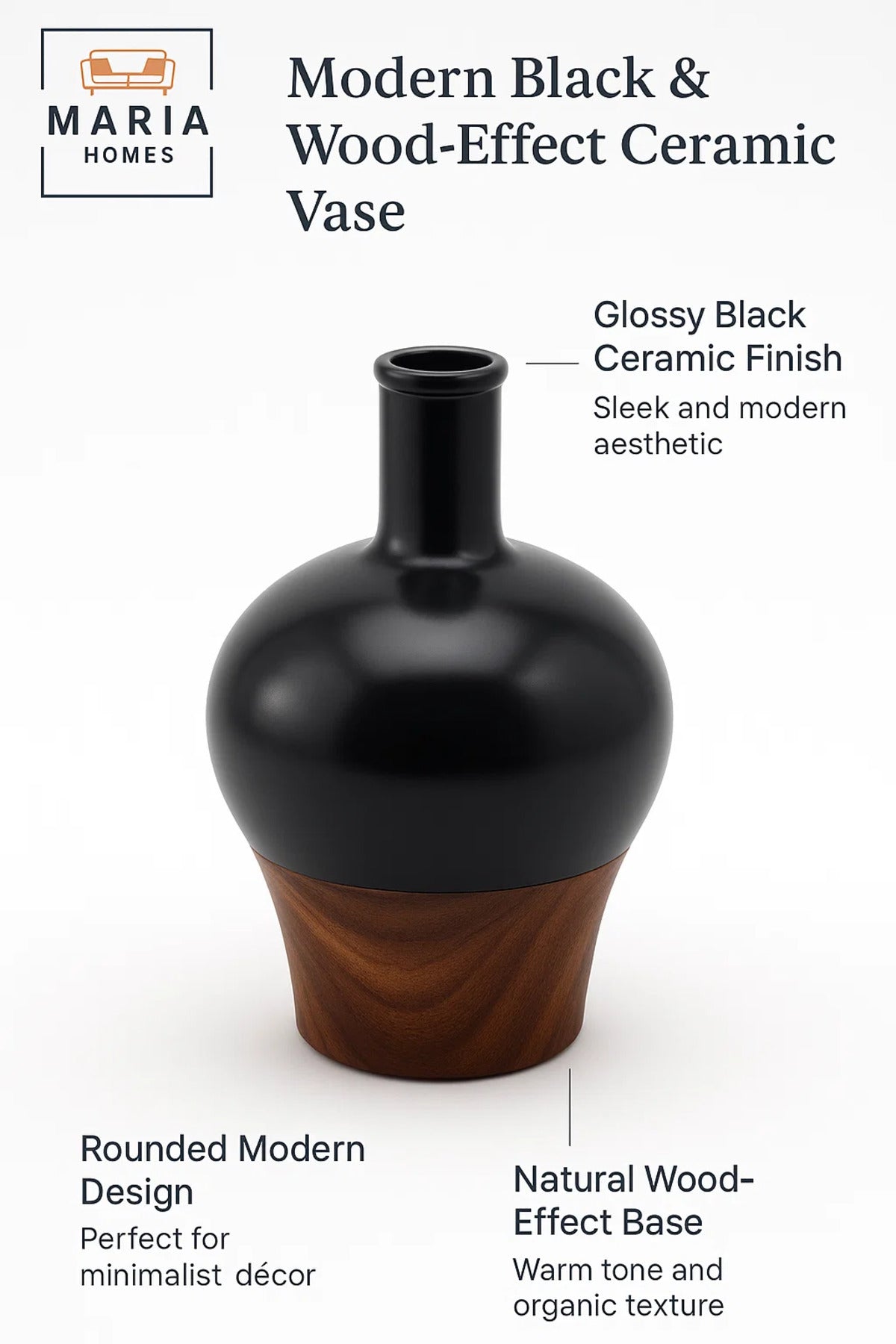 Glossy Black and Wood Finish Ceramic Vase Ð Modern Decorative Flower Pot with Bottle Shape Design