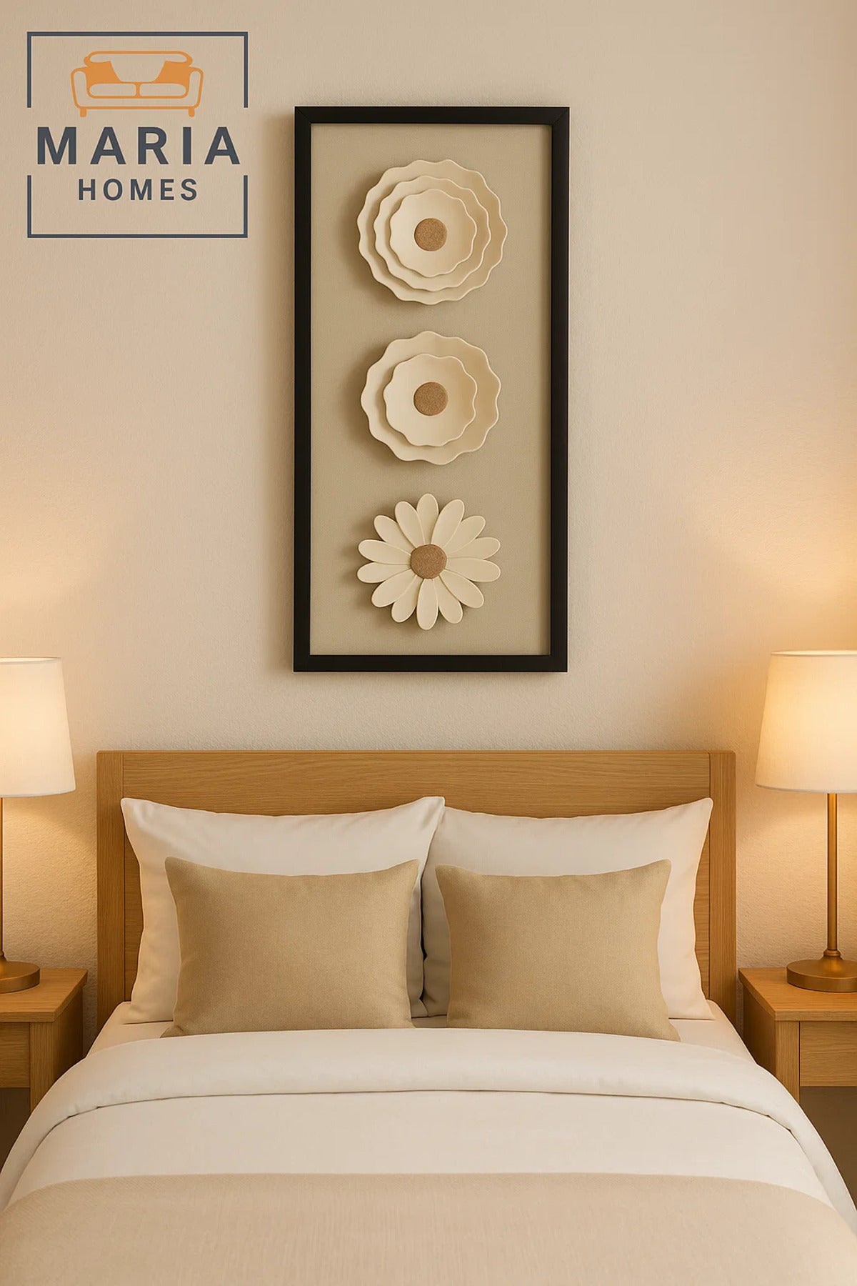 Framed 3D Floral Wall Art with Triple White Blooms on Linen Background-size 35*80*3 CM
