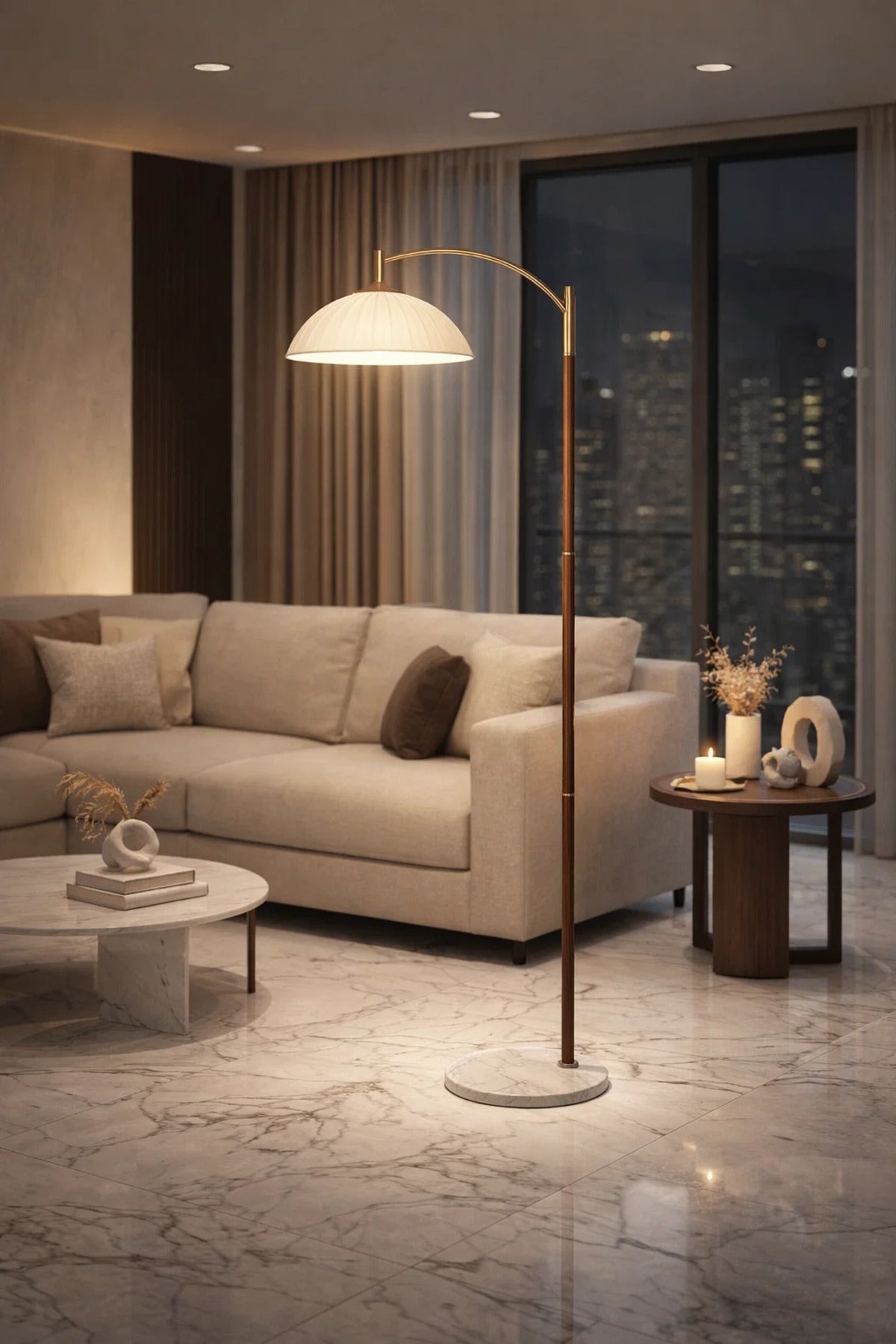 Modern Arc Floor Lamp with Marble Base and Wooden Stand for Living Room