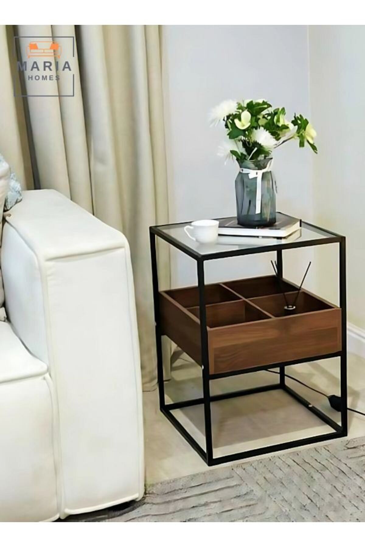 Modern Walnut & Black Frame Coffee Table with Glass Top 40x40x55 CM