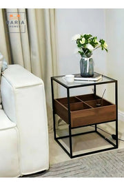 Modern Walnut & Black Frame Coffee Table with Glass Top 40x40x55 CM
