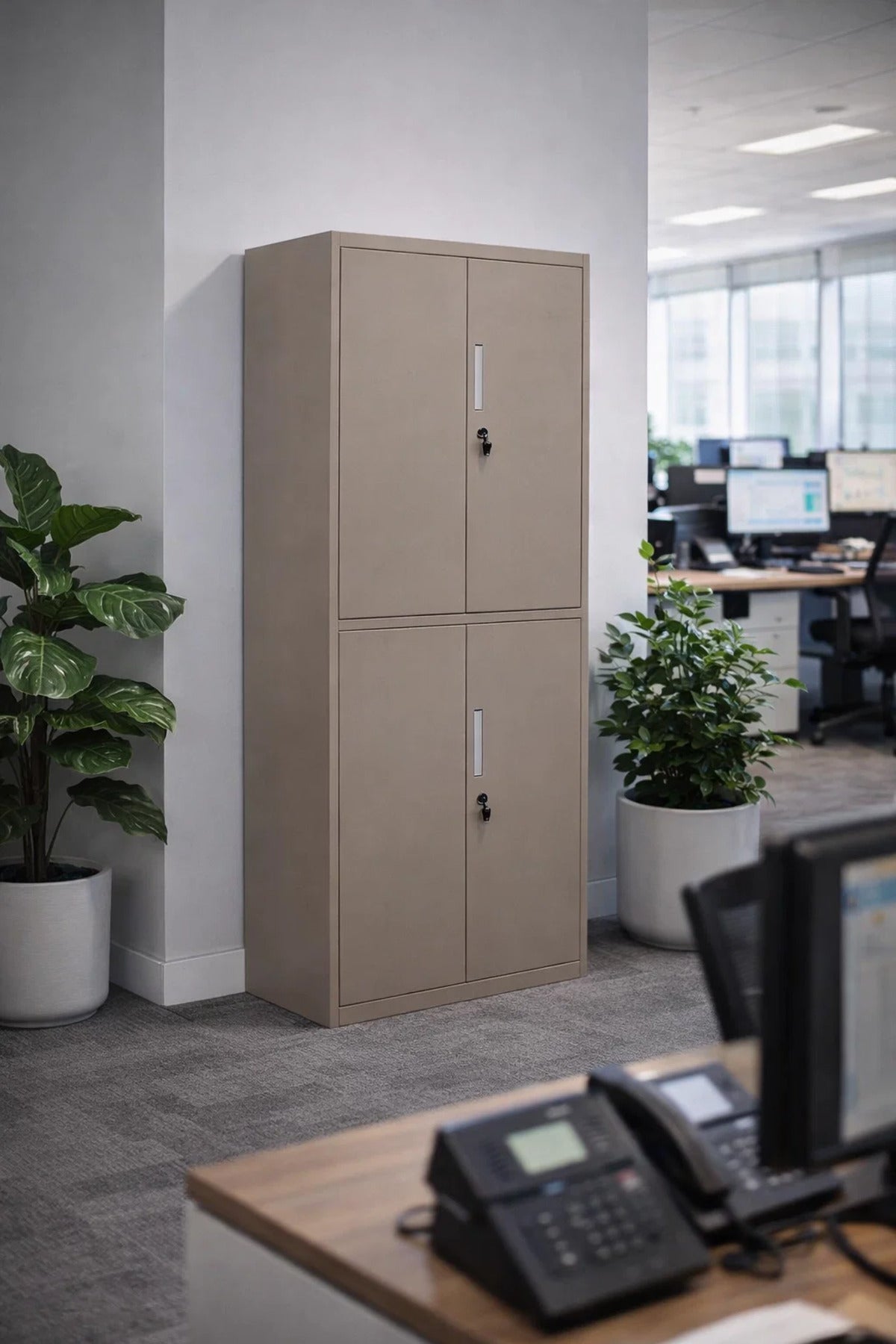 Beige Metal Office Wardrobe Cabinet with 4 Lockable Doors and Adjustable Shelves for Use