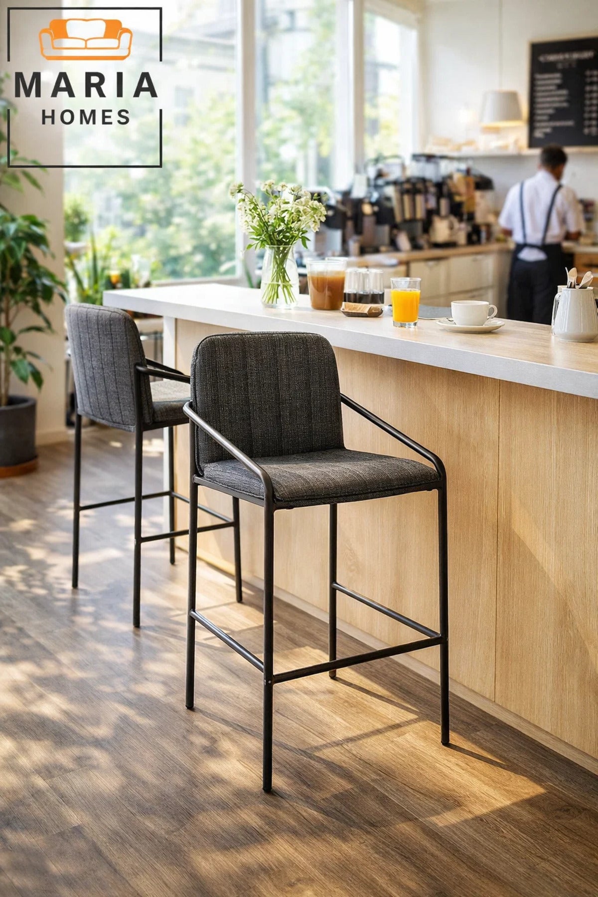Deep Grey Upholstered Bar Stool with Black Metal Frame Ð Modern Counter Chair with Armrests