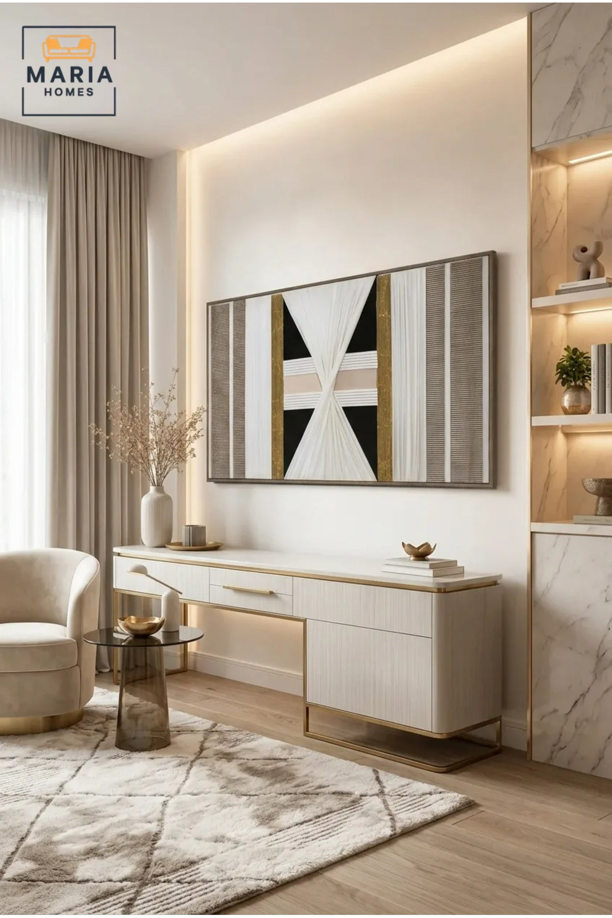 Luxury Horizontal Abstract Wall Art √ê Modern Geometric Textile Artwork with Gold Accents for Living Room, Dining Room & Office D≈Ωcor