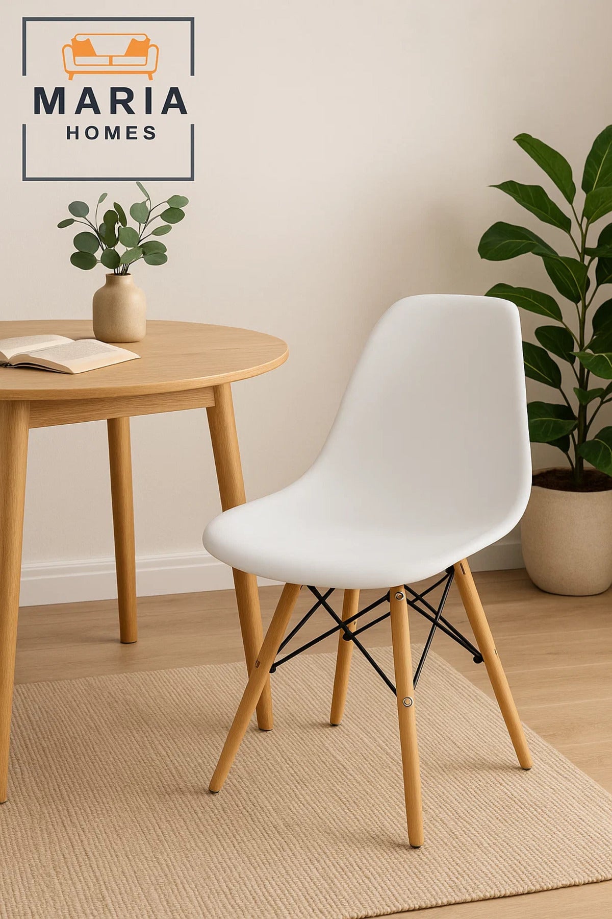 1-Piece Modern Plastic Chair with Wooden Legs, Shell Lounge, White - 70H x 40L x 40W cm