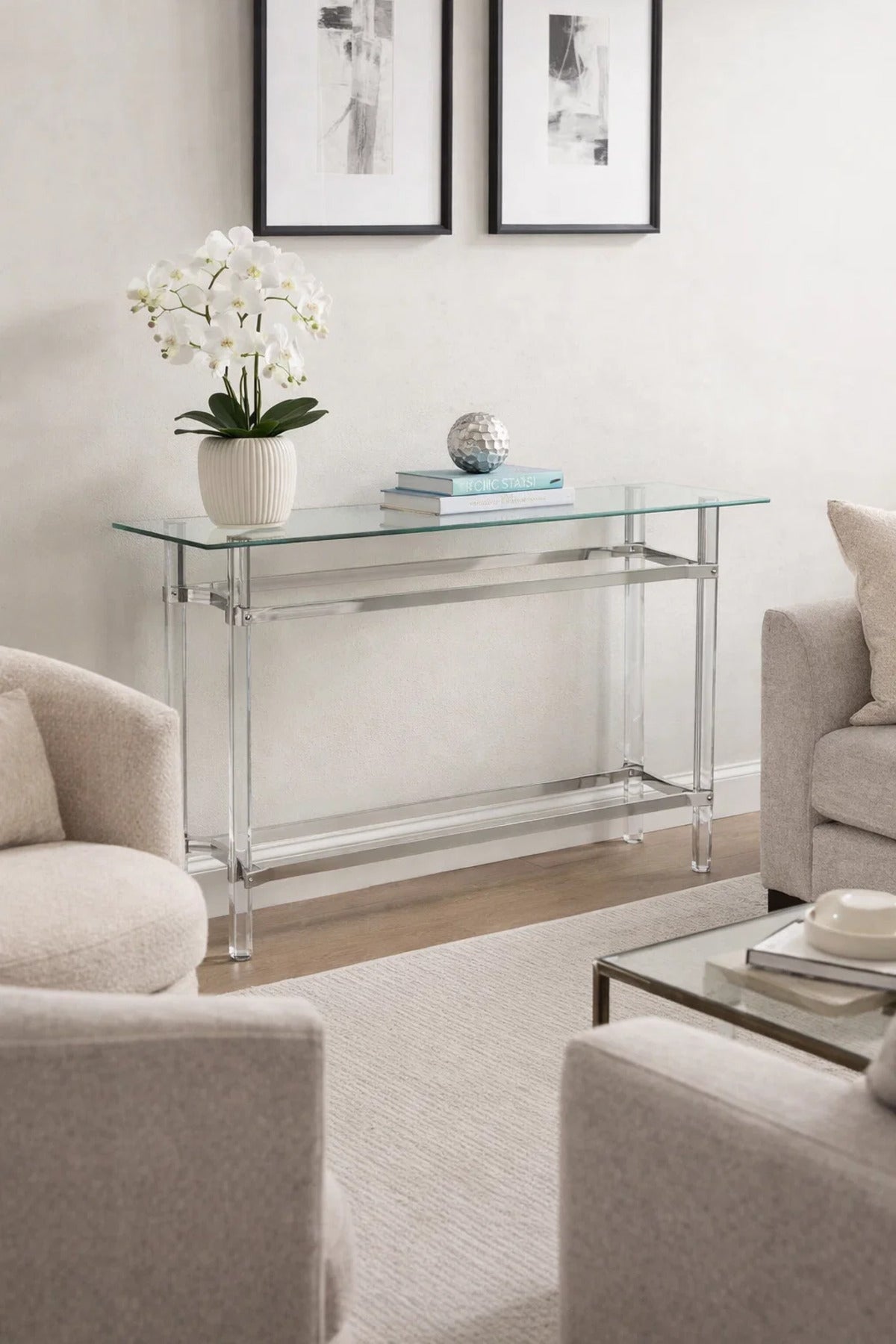 Modern Silver Chrome Acrylic Console Table Glass Top for Entryway Hallway Living Room Accent Decor
