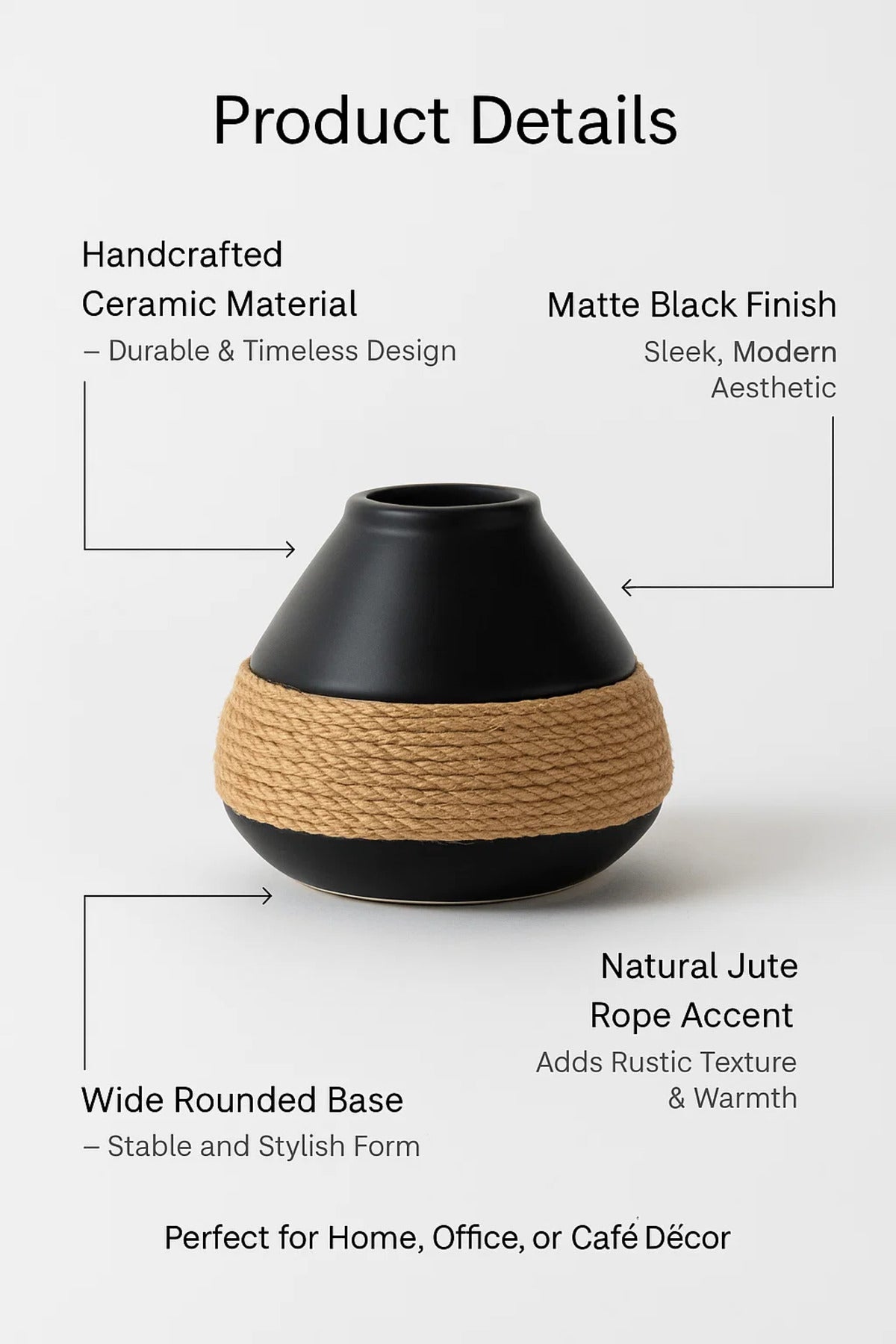 Black Ceramic Round Rope Vase H3595 Ð Modern Decorative Flower Pot for Home and Office DŽcor