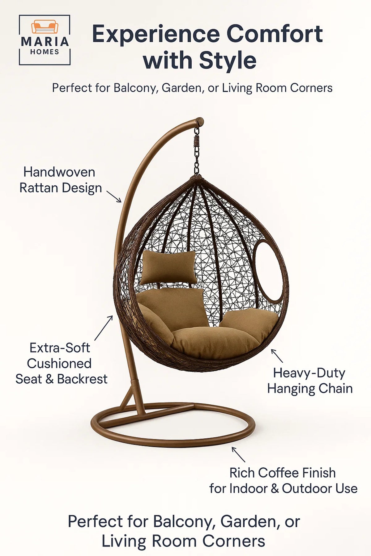 Rattan Hanging Egg Chair with Stand for Indoor Outdoor Balcony Garden Patio | Comfortable Swing